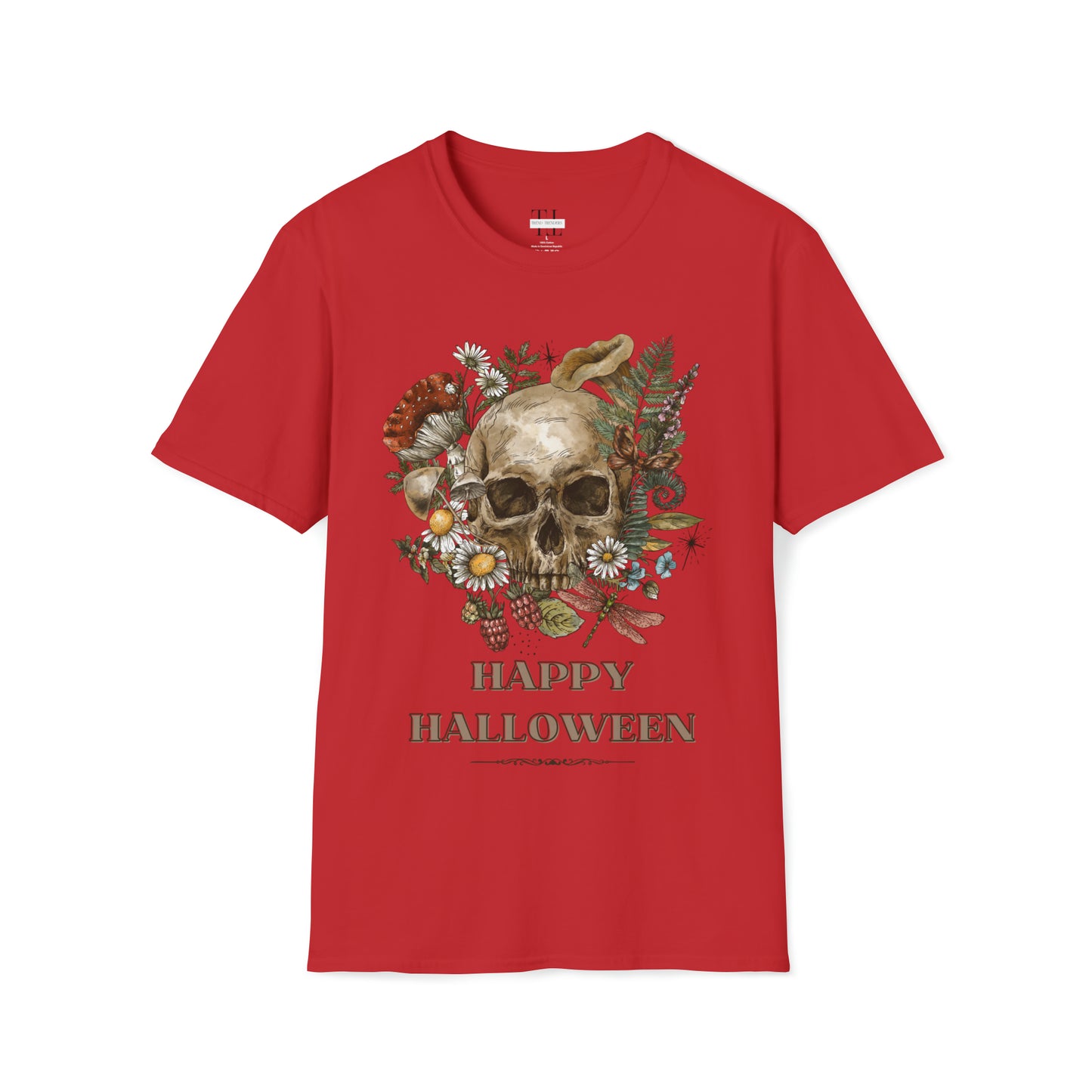 100% pure cotton Halloween shirt “Vintage Skull" front side image. Red color.