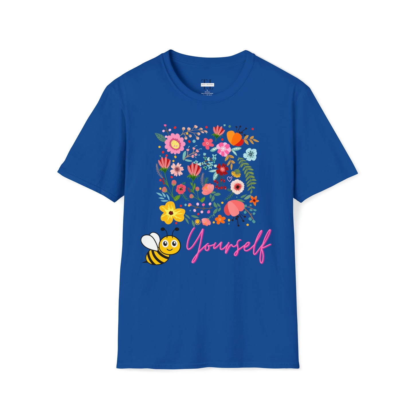 100% Cotton T shirt . Custom t shirt design of Bee Yourself, to inspire self-love and confidence. Front side image. Royal blue color tee shirt.