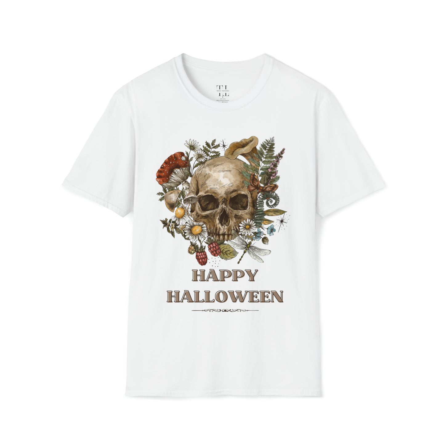 100% pure cotton Halloween shirt “Vintage Skull" front side image. White color.