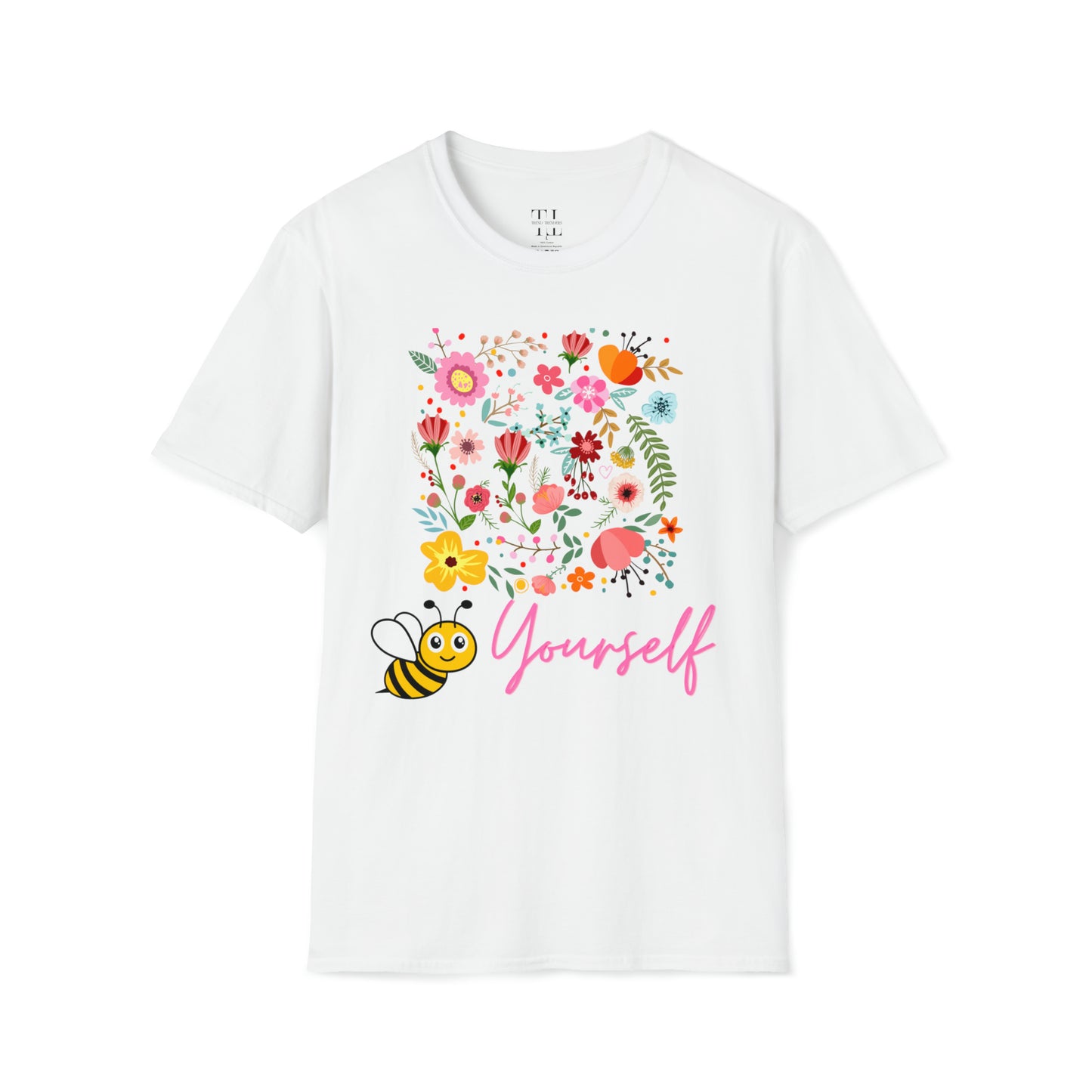 100% Cotton T shirt . Custom t shirt design of Bee Yourself, to inspire self-love and confidence. Front side image. White color tee shirt.