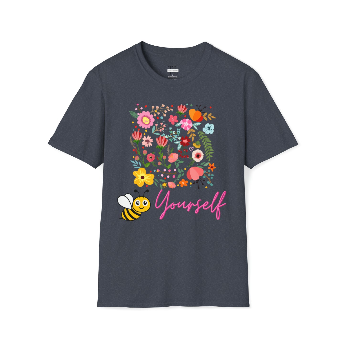 100% Cotton T shirt . Custom t shirt design of Bee Yourself, to inspire self-love and confidence. Front side image. Grey color tee shirt.