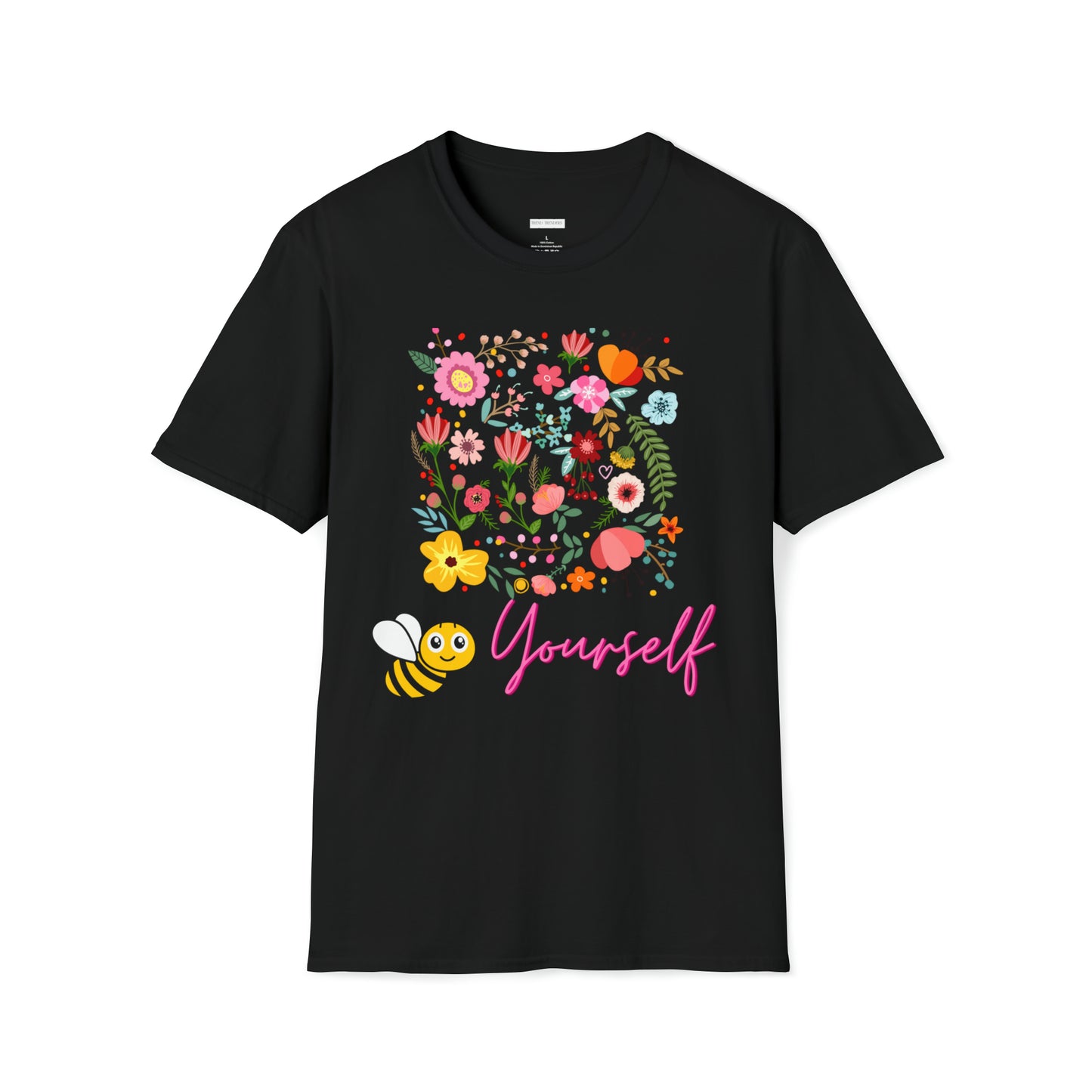 100% Cotton T shirt . Custom t shirt design of Bee Yourself, to inspire self-love and confidence. Front side image. Black color tee shirt.