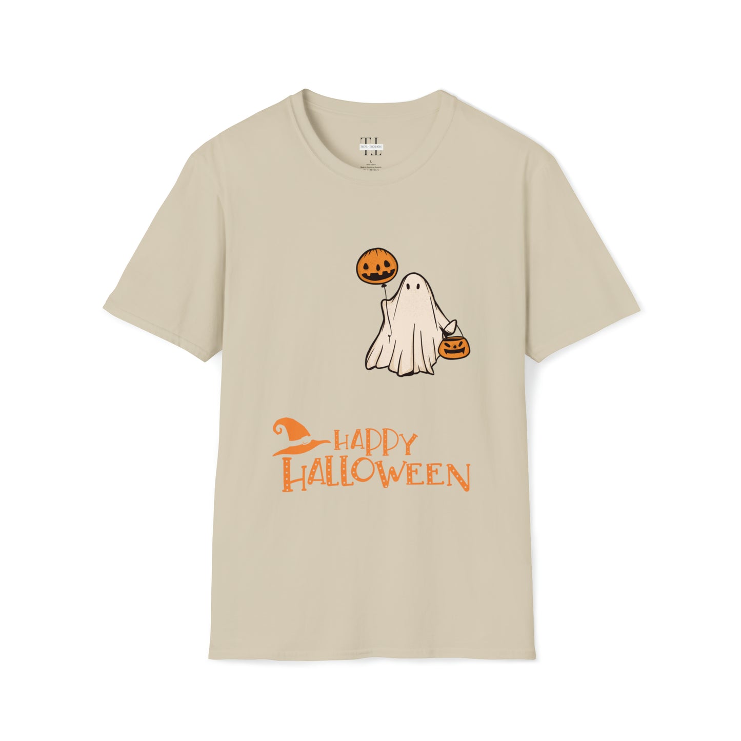 Happy Halloween T shirt front side in Natural color.