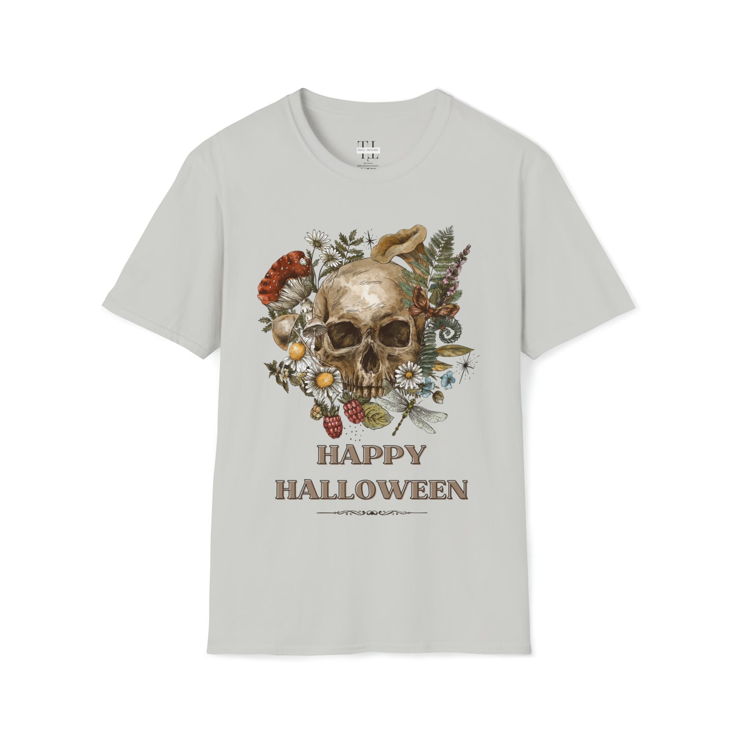 100% pure cotton Halloween shirt “Vintage Skull" front side image. Grey color.