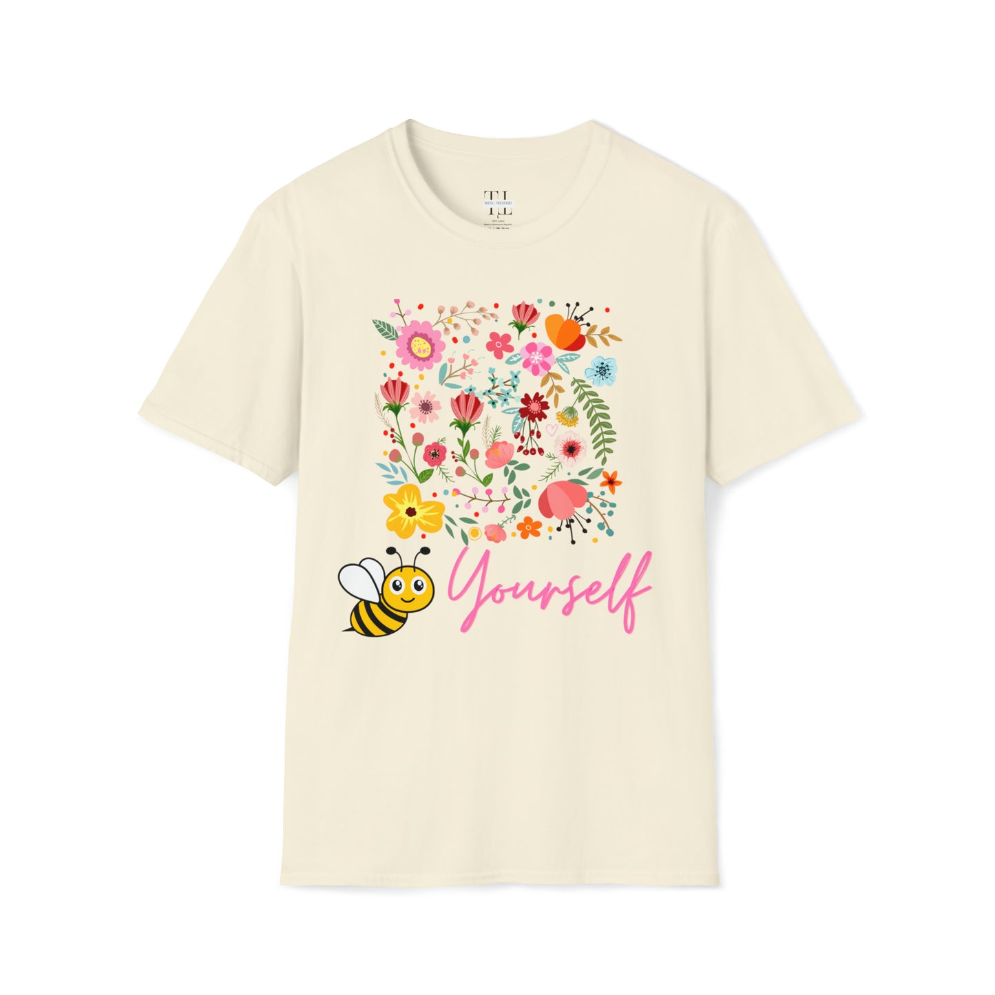 100% Cotton T shirt . Custom t shirt design of Bee Yourself, to inspire self-love and confidence. Front side image. Natural color tee shirt.