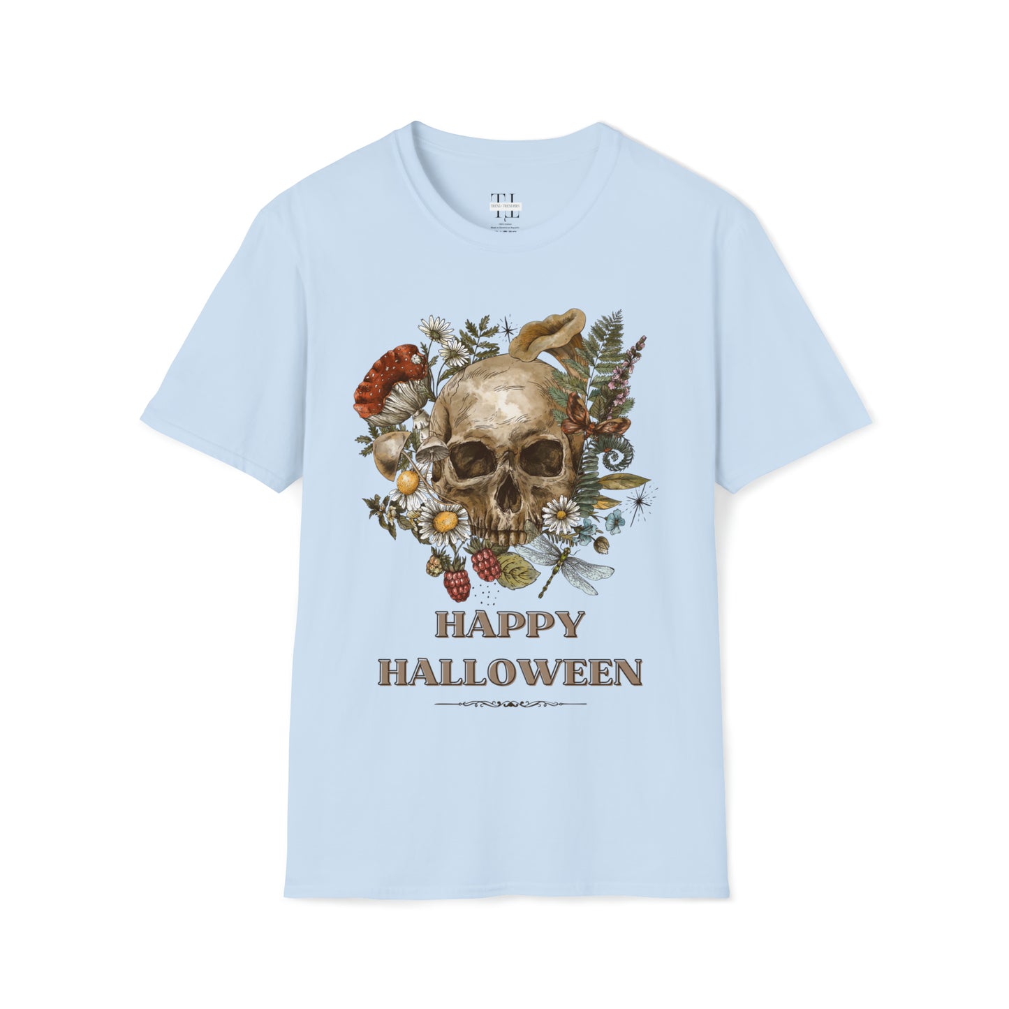 100% pure cotton Halloween shirt “Vintage Skull" front side image. Light blue color.
