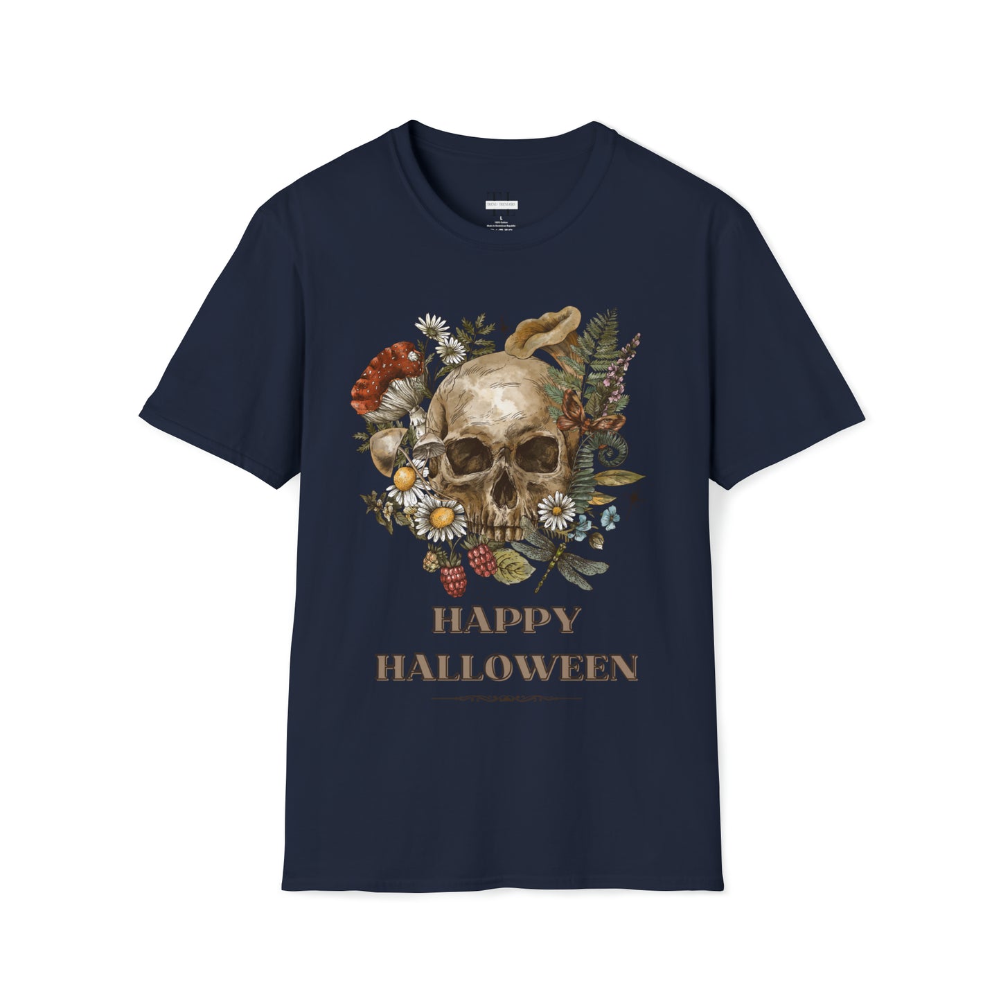 100% pure cotton Halloween shirt “Vintage Skull" front side image. Navy blue color.