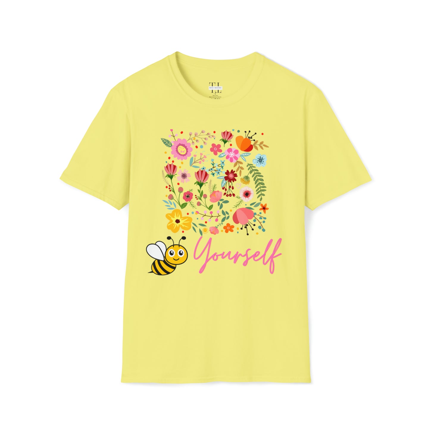 100% Cotton T shirt . Custom t shirt design of Bee Yourself, to inspire self-love and confidence. Front side image. Yellow color tee shirt.