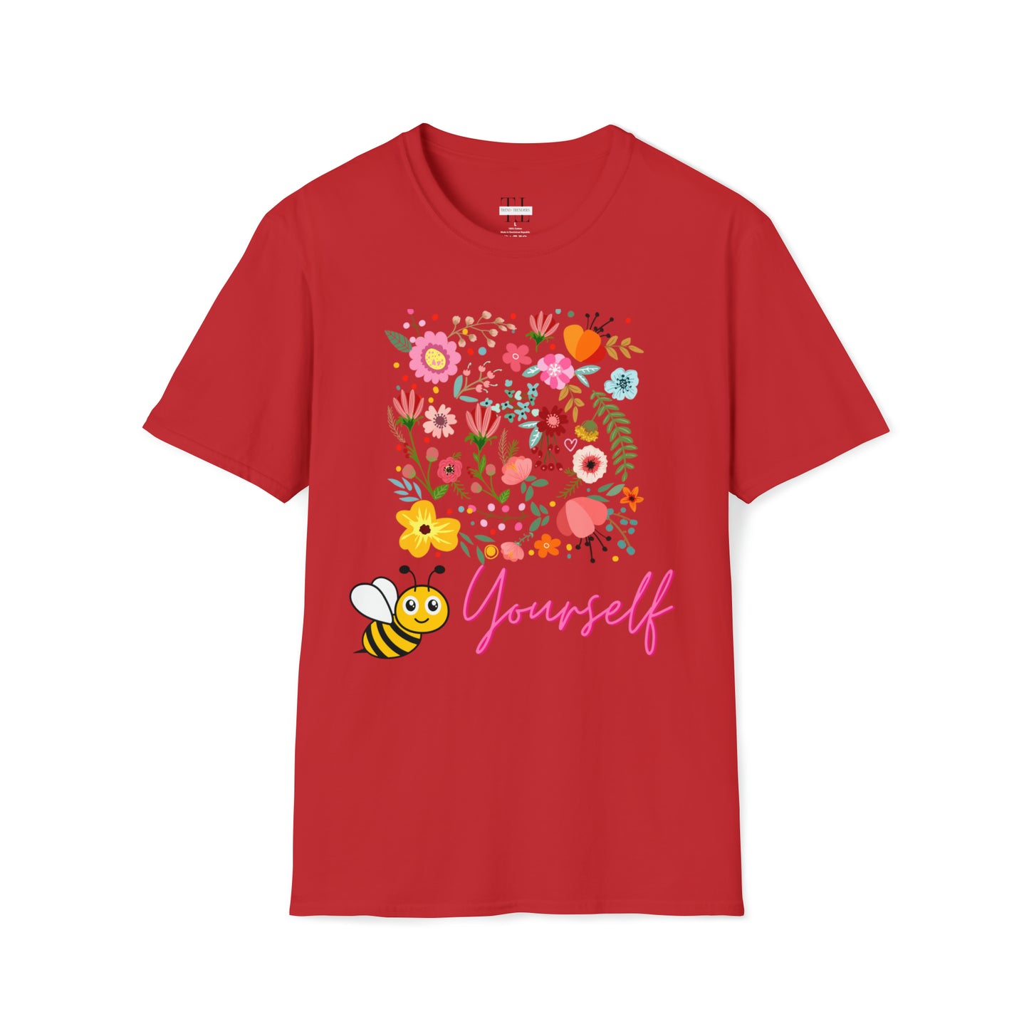 100% Cotton T shirt . Custom t shirt design of Bee Yourself, to inspire self-love and confidence. Front side image. Red color tee shirt.