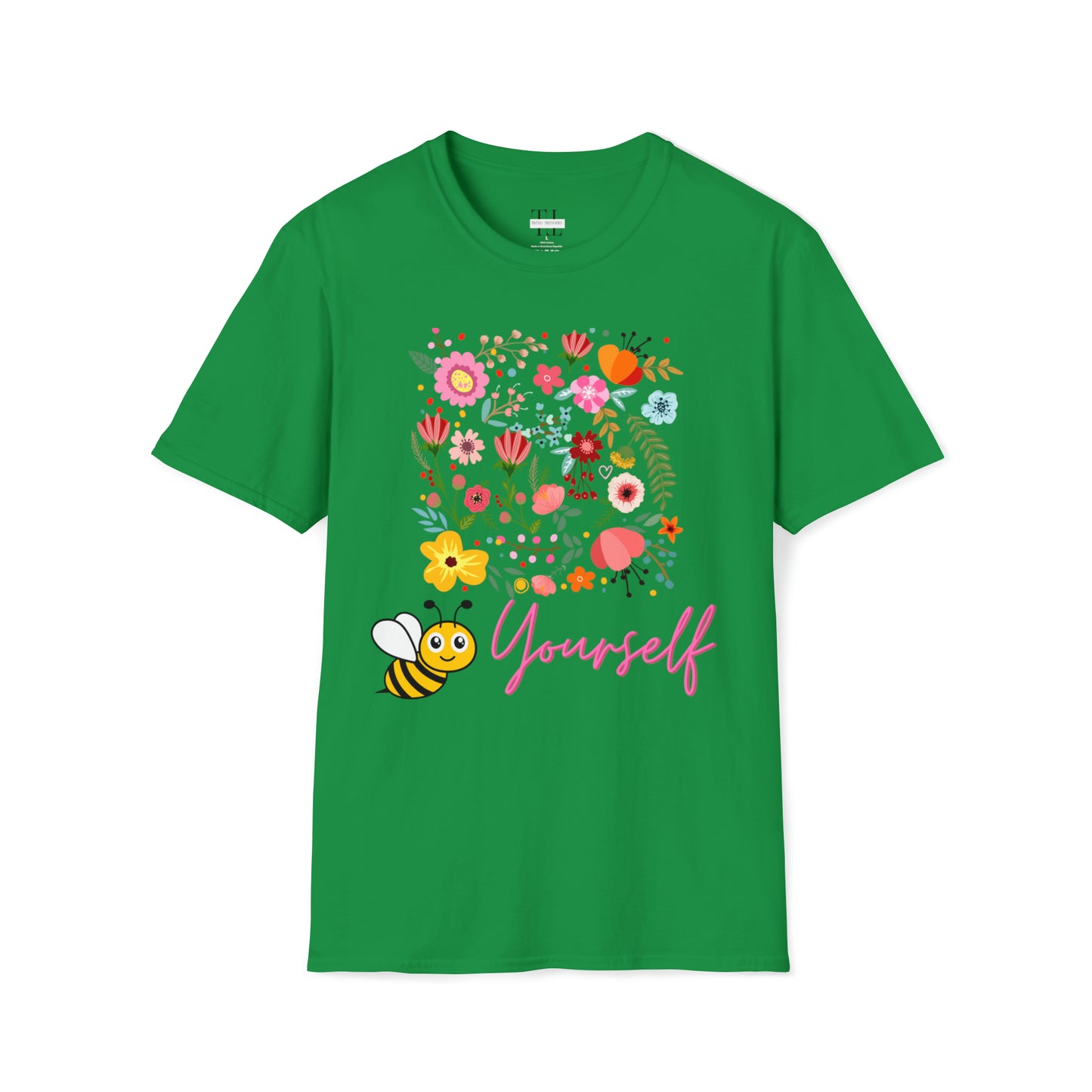 100% Cotton T shirt . Custom t shirt design of Bee Yourself, to inspire self-love and confidence. Front side image. Green color tee shirt.