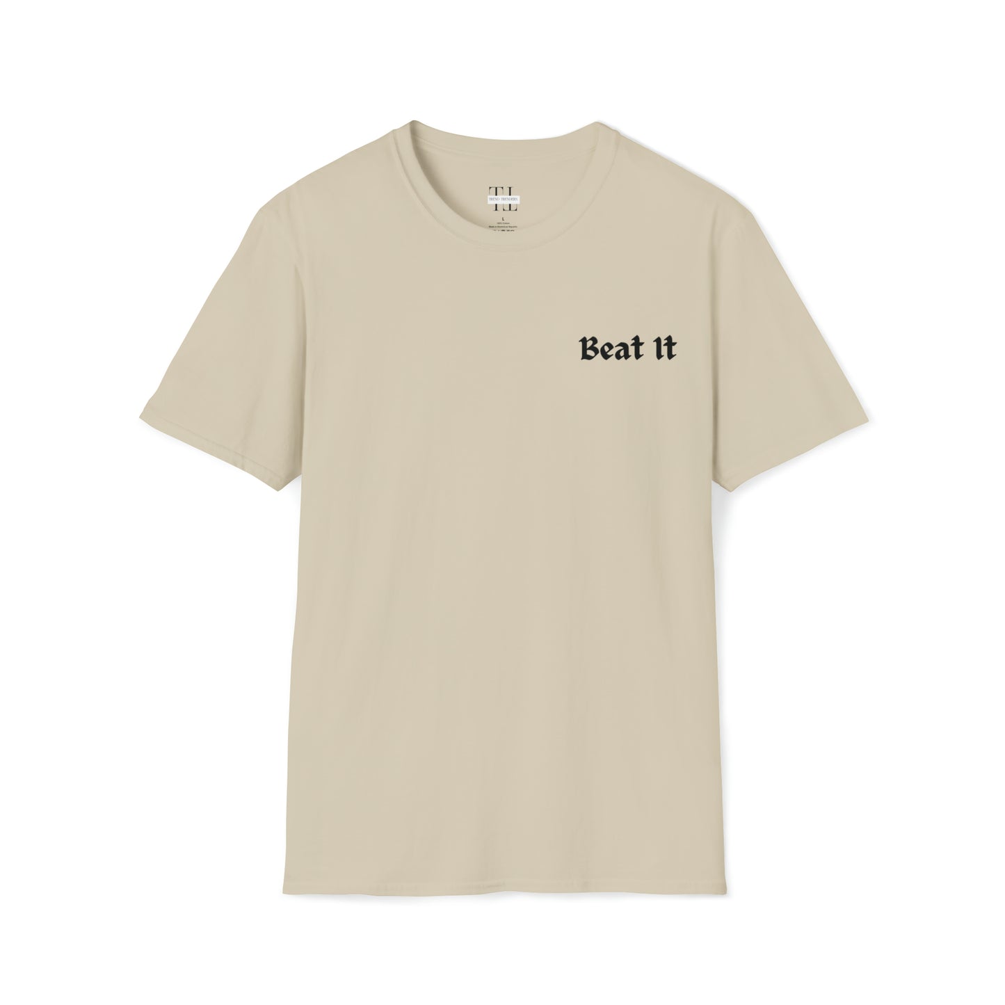 100% Cotton T shirt .Custom t shirt design featuring young Michael Jackson, Back side full face image and front side text. Sand color tee shirt