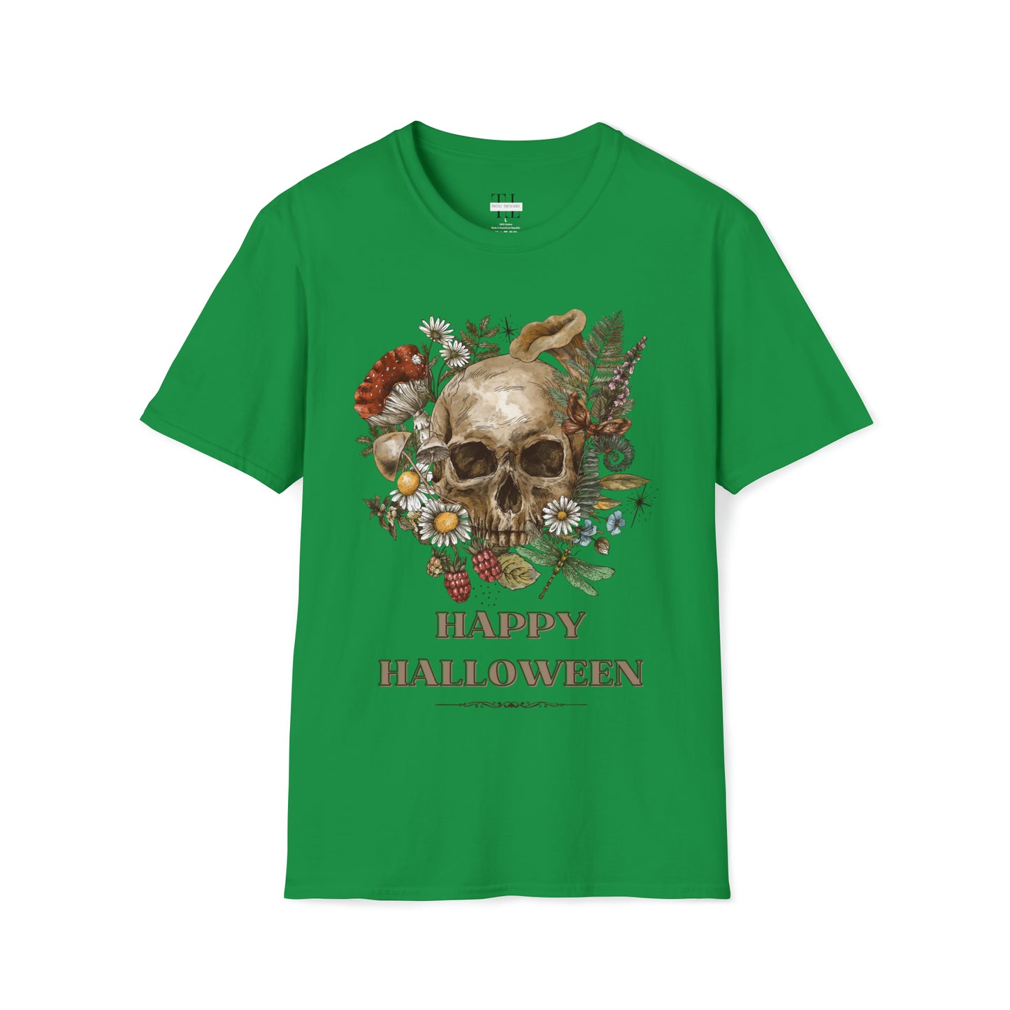 100% pure cotton Halloween shirt “Vintage Skull" front side image. Green color.