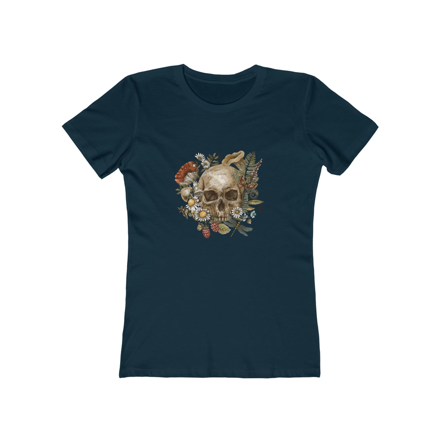 Vintage tee shirt. From side women vintage skull design. Navy blue color.