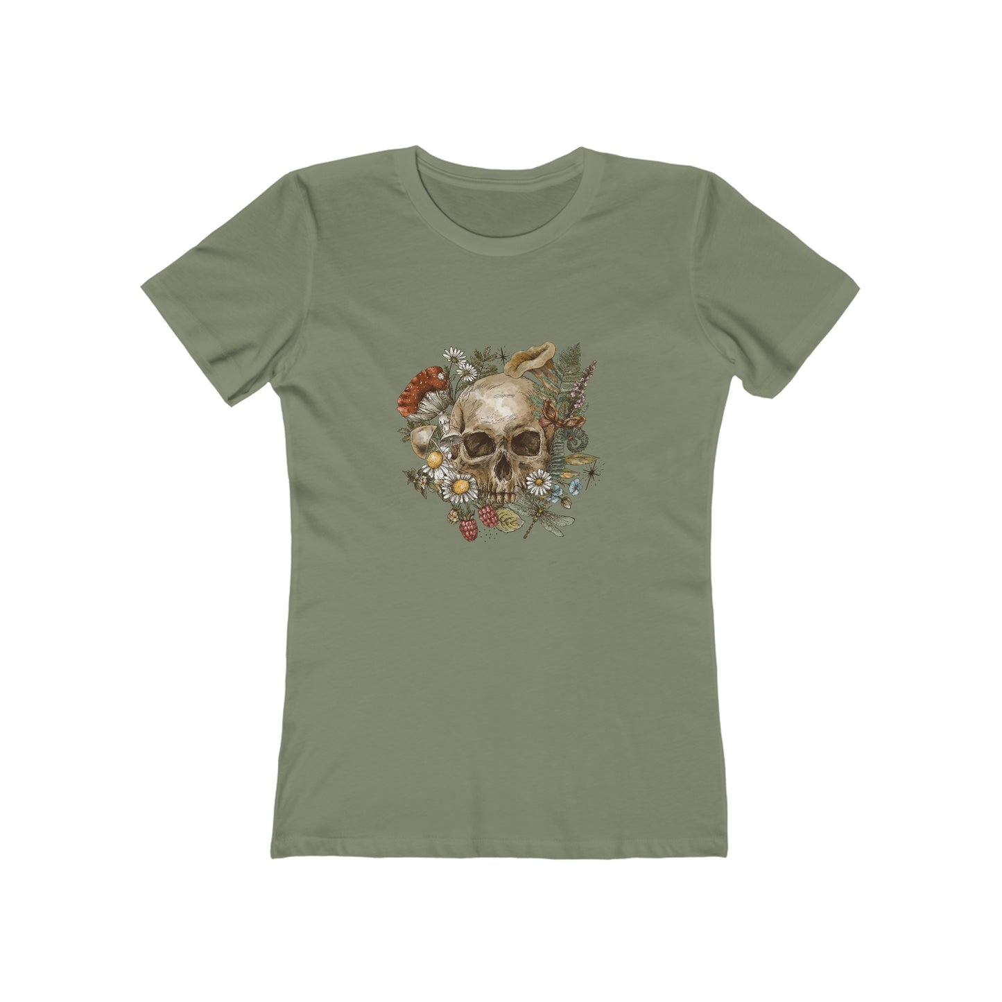 Vintage tee shirt. From side women vintage skull design. Military green color.