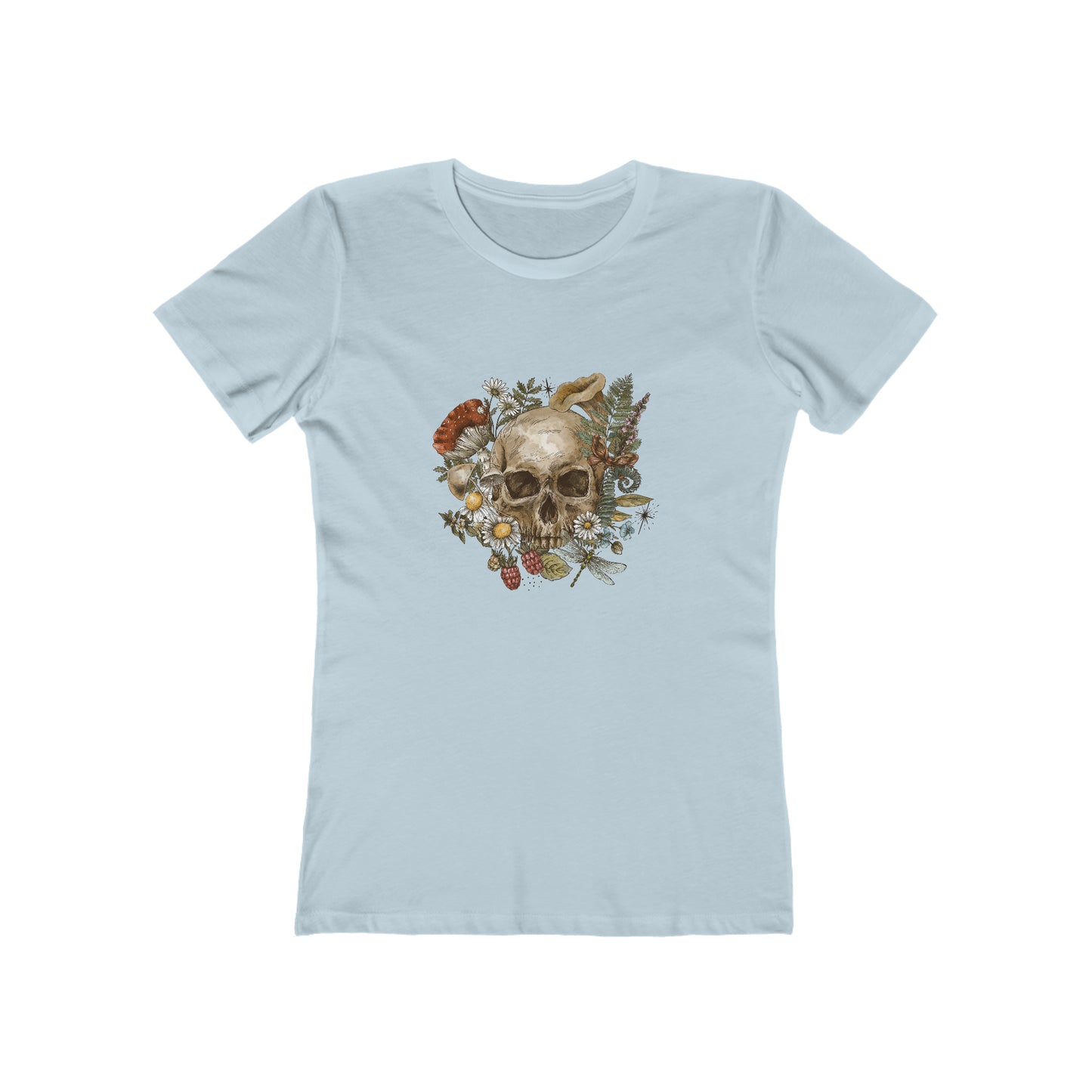 Vintage tee shirt. From side women vintage skull design. Light blue color.