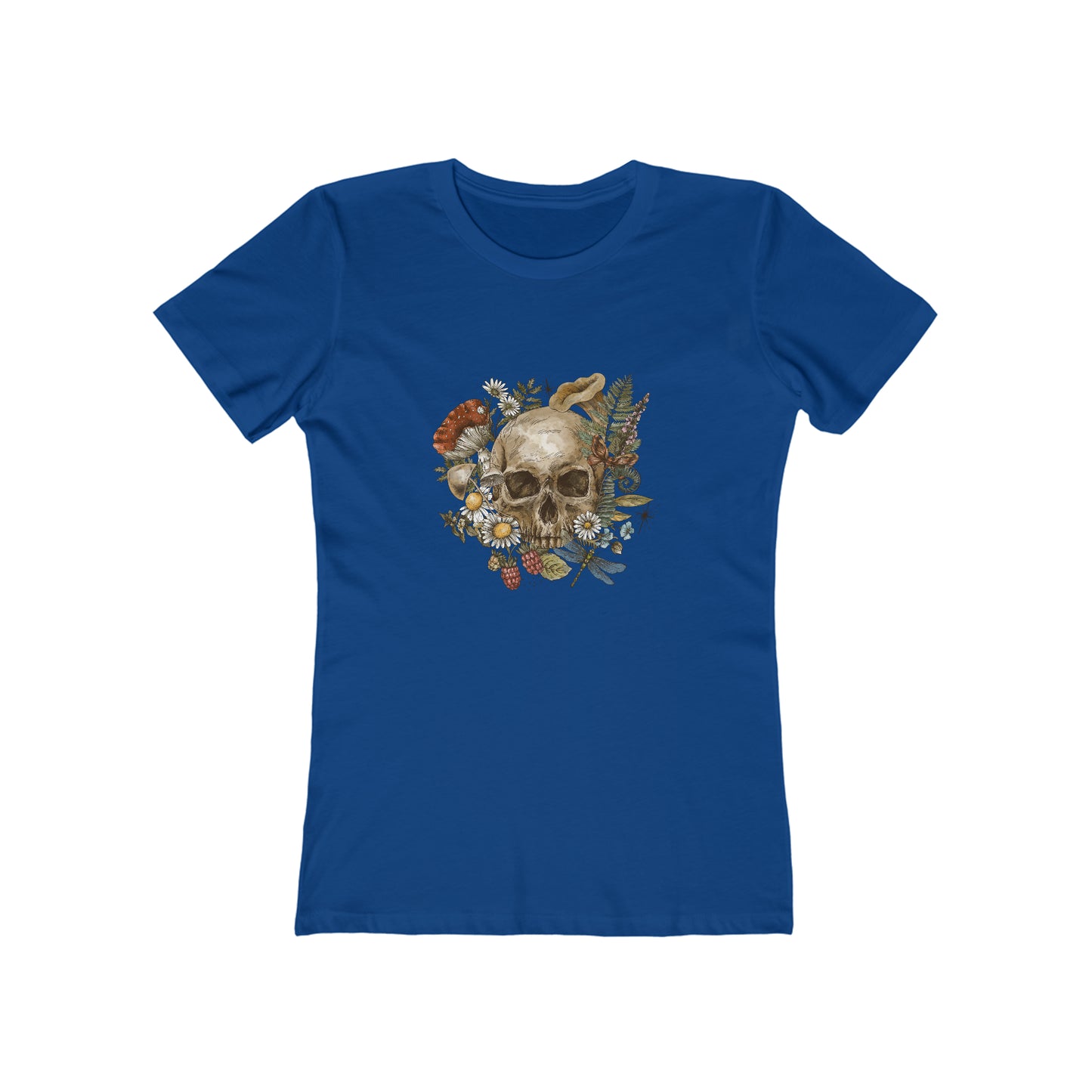 Vintage tee shirt. From side women vintage skull design. Royal blue color.