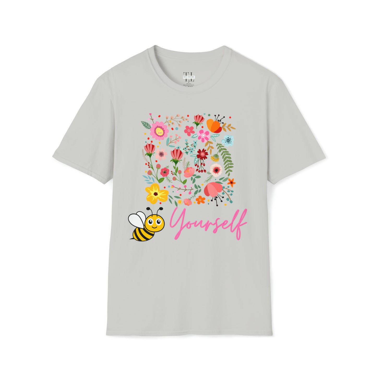 100% Cotton T shirt . Custom t shirt design of Bee Yourself, to inspire self-love and confidence. Front side image. Grey color tee shirt.