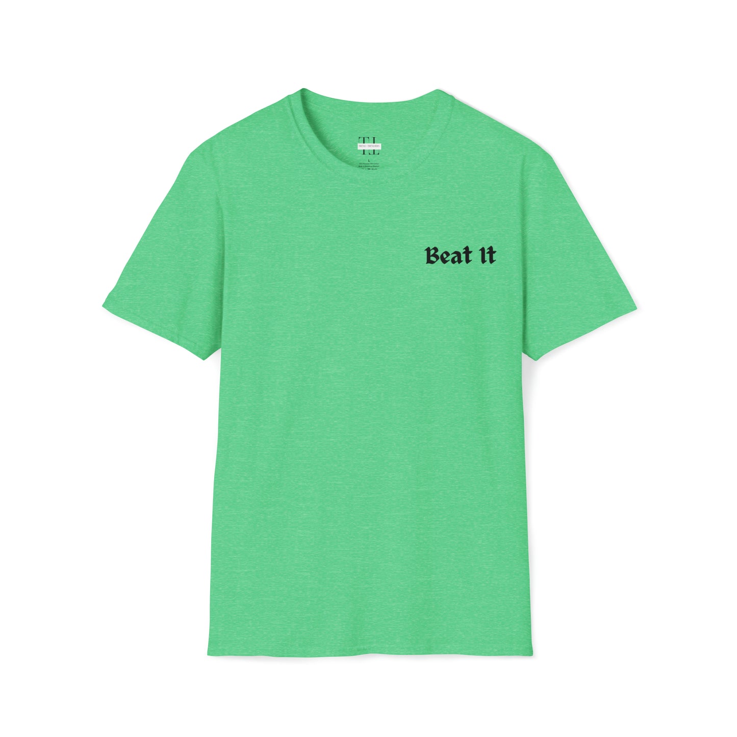 100% Cotton T shirt. Custom t shirt design featuring young Michael Jackson, Back side full face image and front side text. Green color tee shirt