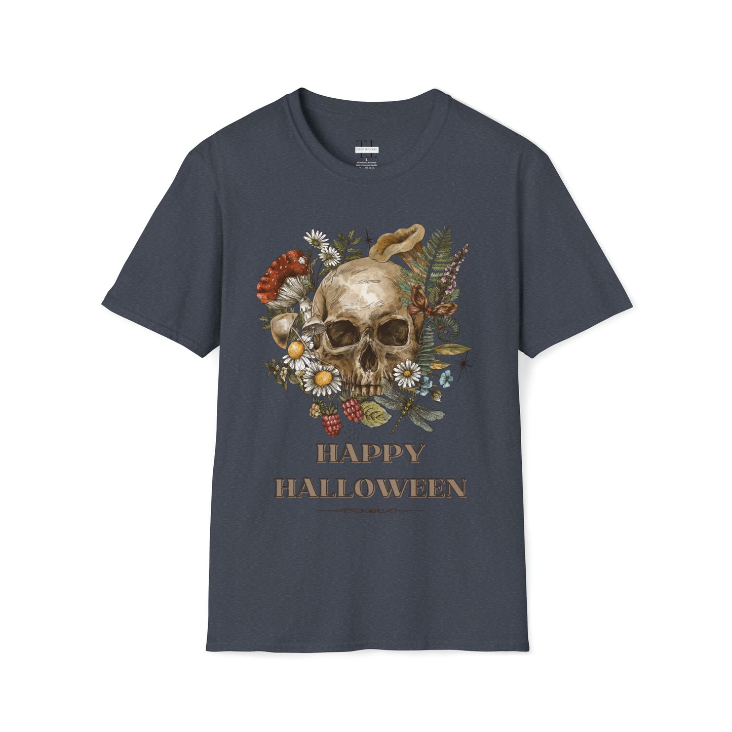 100% pure cotton Halloween shirt “Vintage Skull" front side image. Grey color.