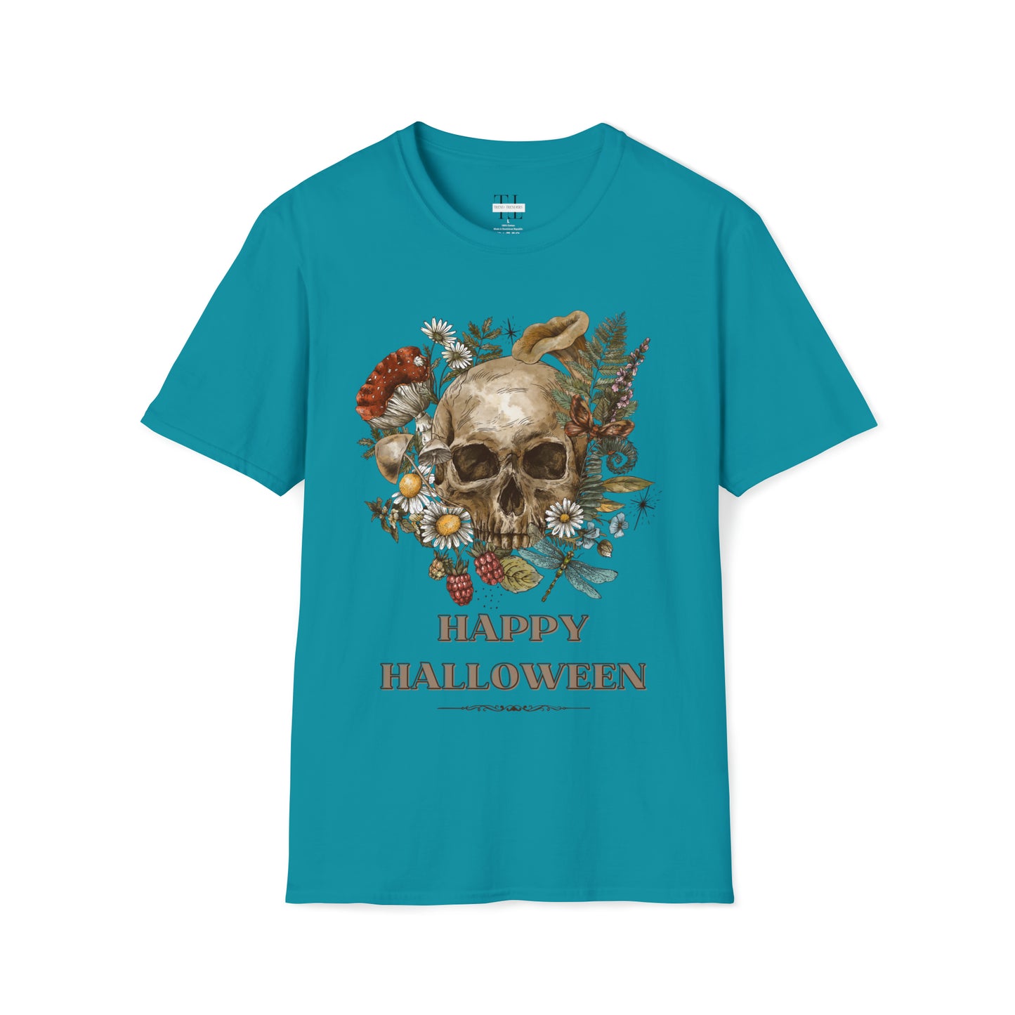 100% pure cotton Halloween shirt “Vintage Skull" front side image. Blue color.