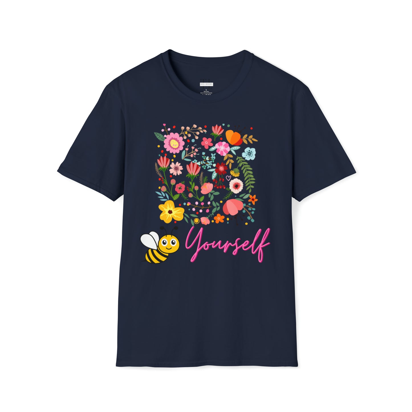 100% Cotton T shirt . Custom t shirt design of Bee Yourself, to inspire self-love and confidence. Front side image. Navy blue color tee shirt.