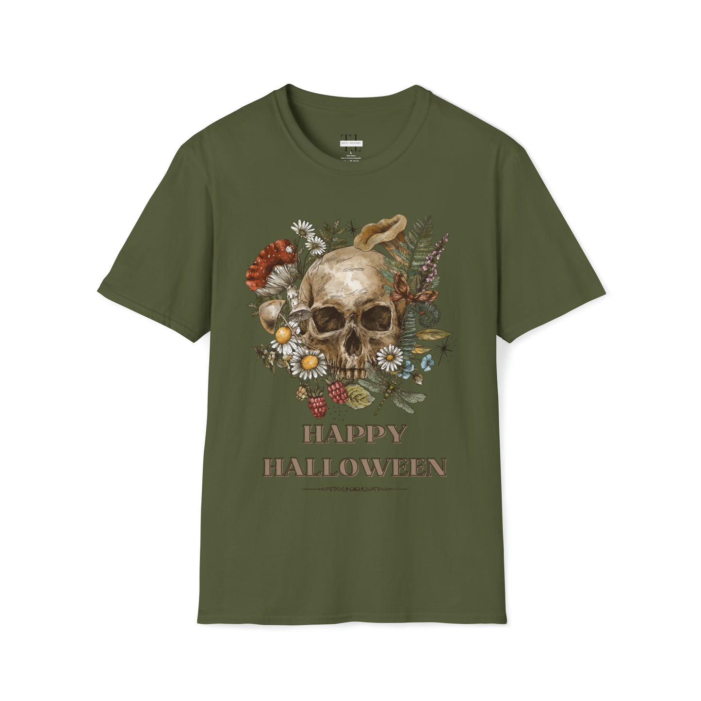100% pure cotton Halloween shirt “Vintage Skull" front side image. Military green color.