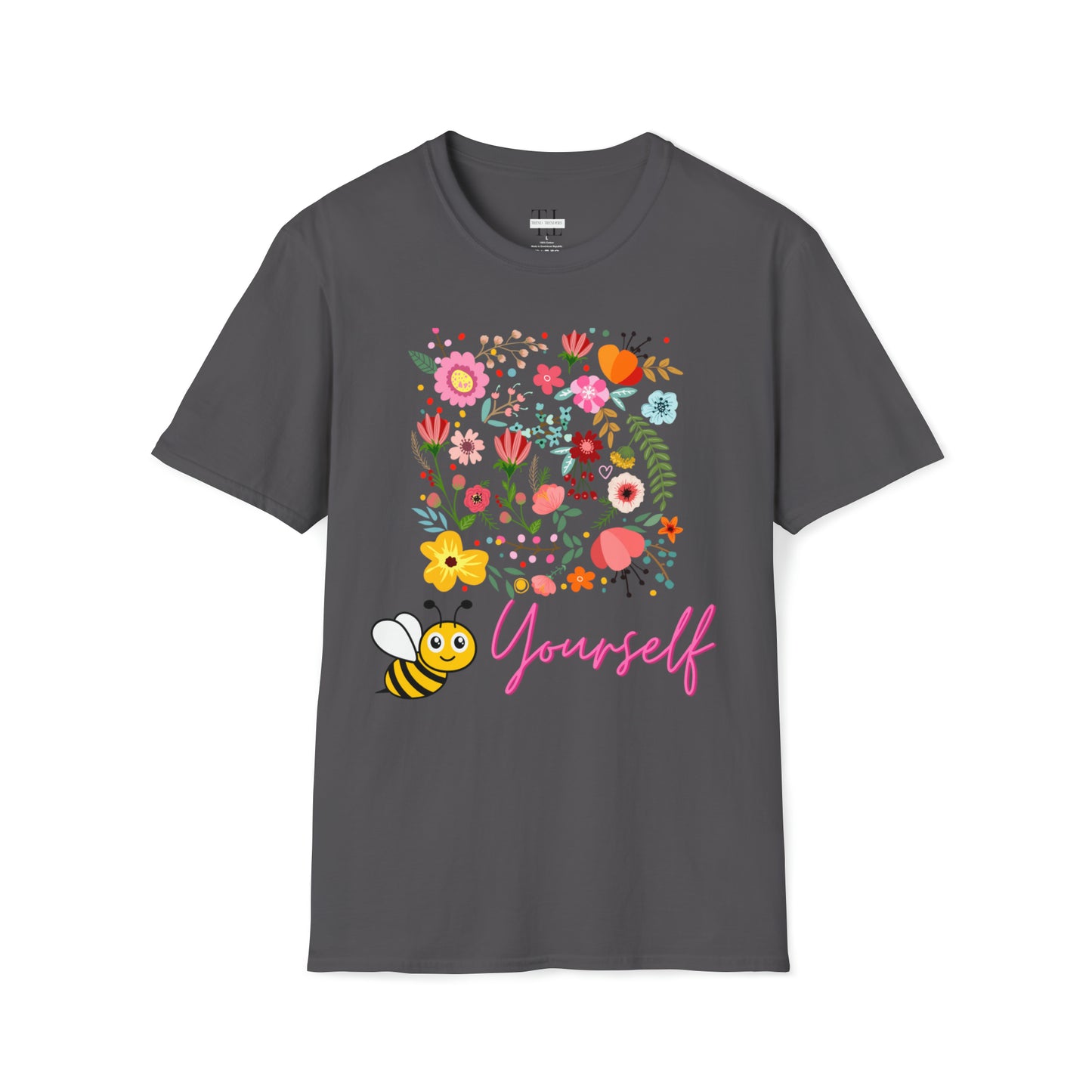 100% Cotton T shirt . Custom t shirt design of Bee Yourself, to inspire self-love and confidence. Front side image. Grey color tee shirt.