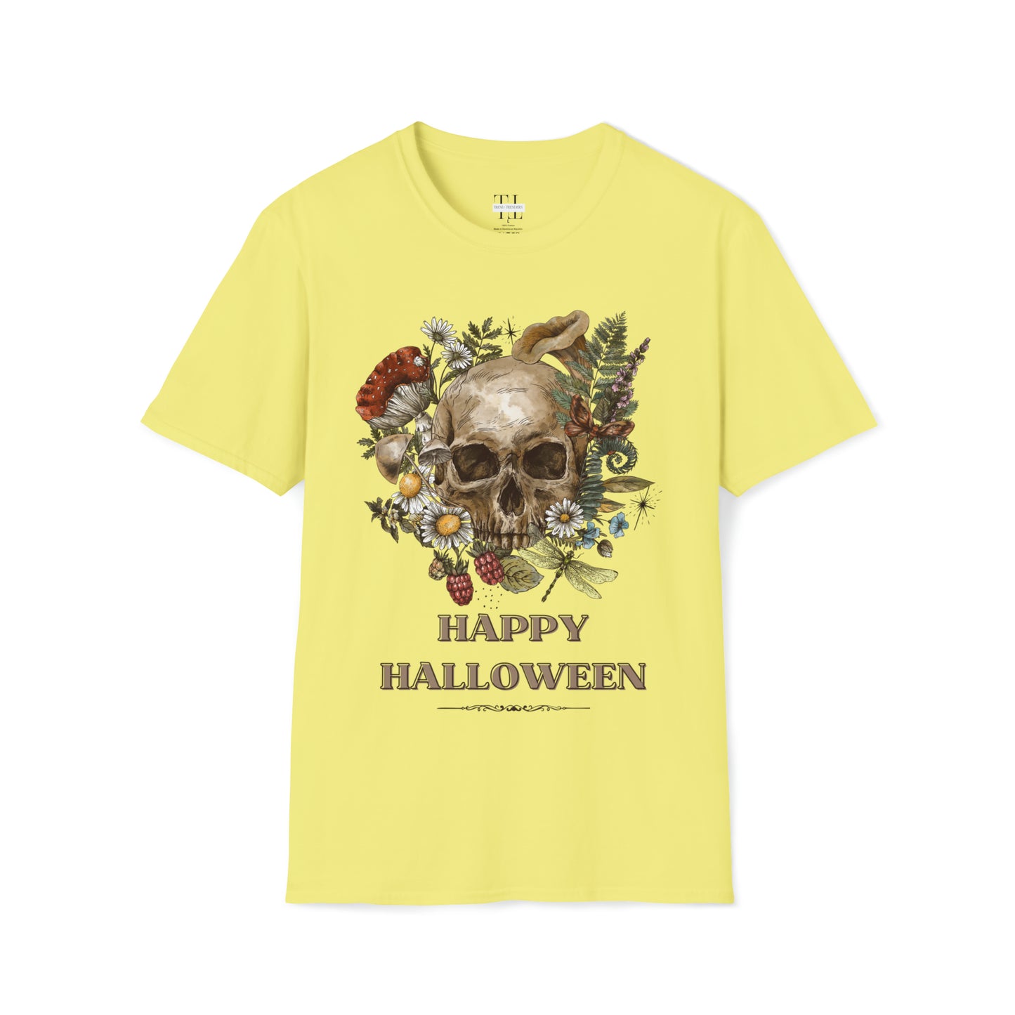 100% pure cotton Halloween shirt “Vintage Skull" front side image. Yellow color.