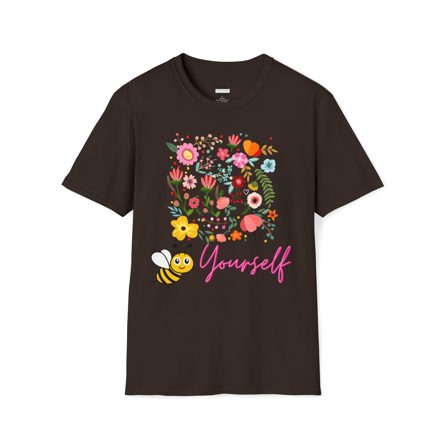 100% Cotton T shirt . Custom t shirt design of Bee Yourself, to inspire self-love and confidence. Front side image. Brown color tee shirt.