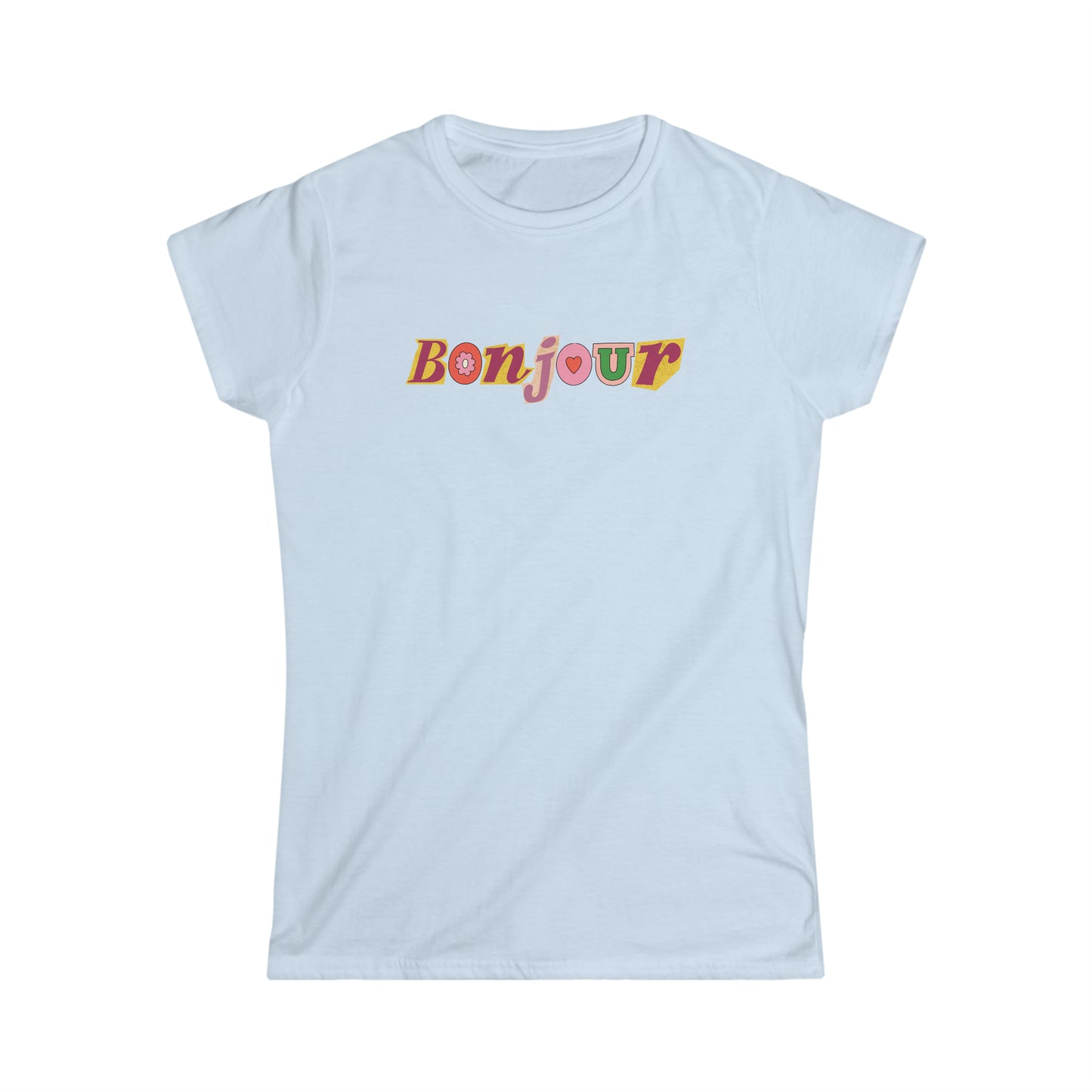 Custom T shirt. Front side Bonjour t shirt design. Tee shirt in light blue color.