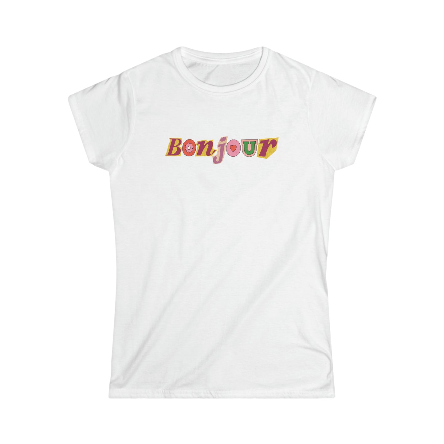 Custom T shirt. Front side Bonjour t shirt design. Tee shirt in white color.