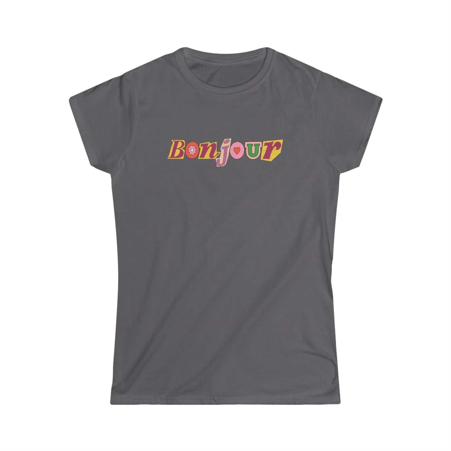 Custom T shirt. Front side Bonjour t shirt design. Tee shirt in grey color.