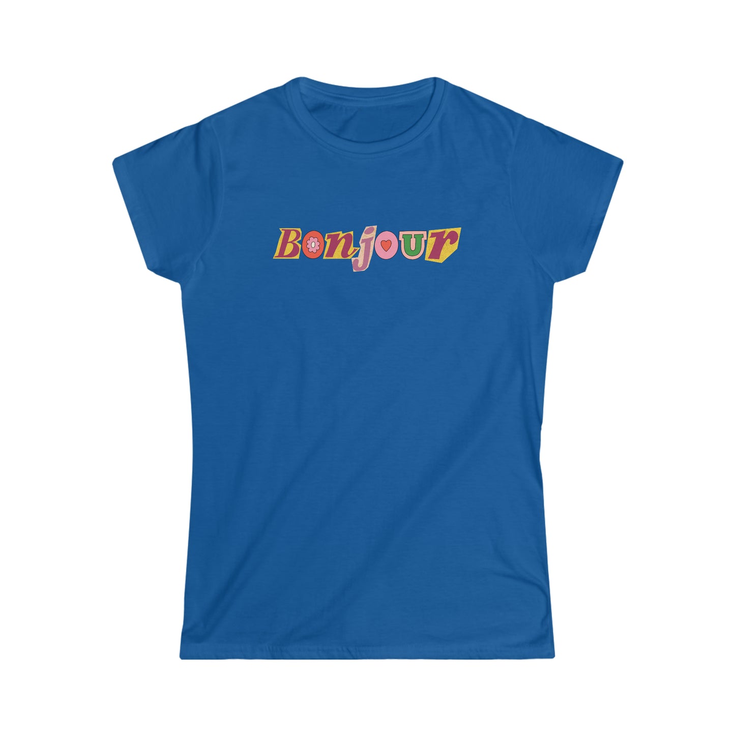 Custom T shirt. Front side Bonjour t shirt design. Tee shirt in royal blue color.
