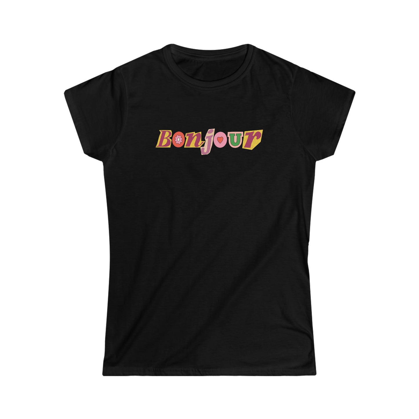 Custom T shirt. Front side Bonjour t shirt design. Tee shirt in light black color.