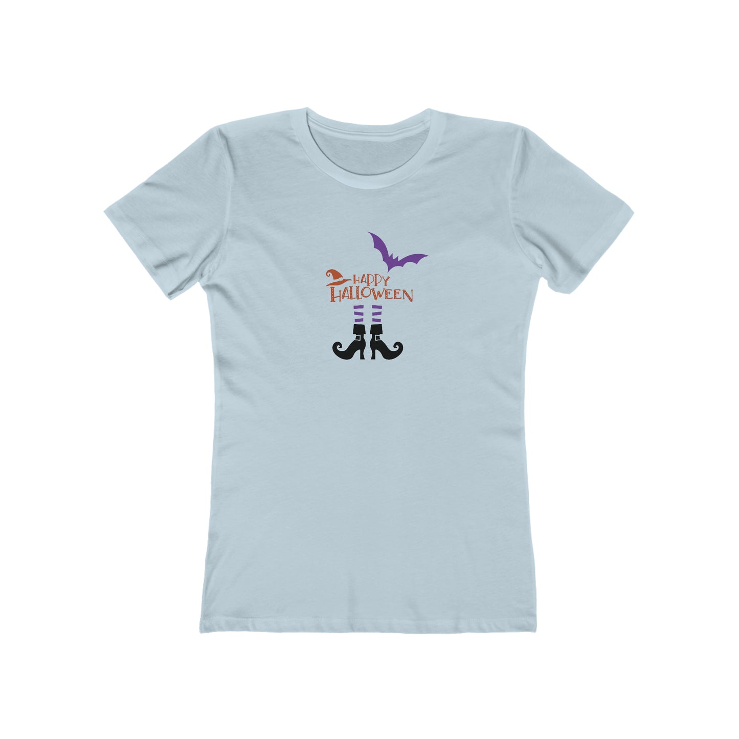 Halloween T shirt "Witchy Legs" graphic tee. Front side image. Light blue color.