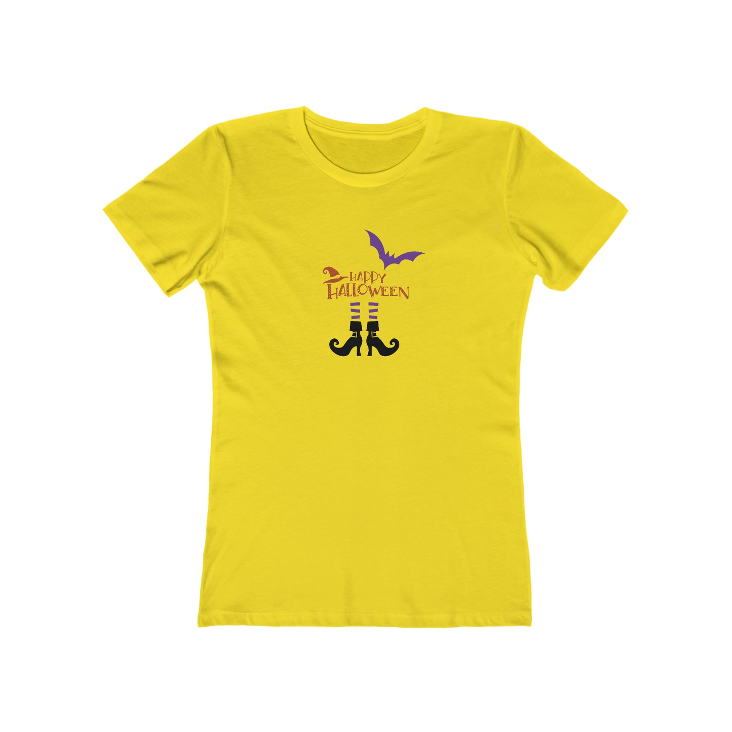 Halloween T shirt "Witchy Legs" graphic tee. Front side image. Yellow color.
