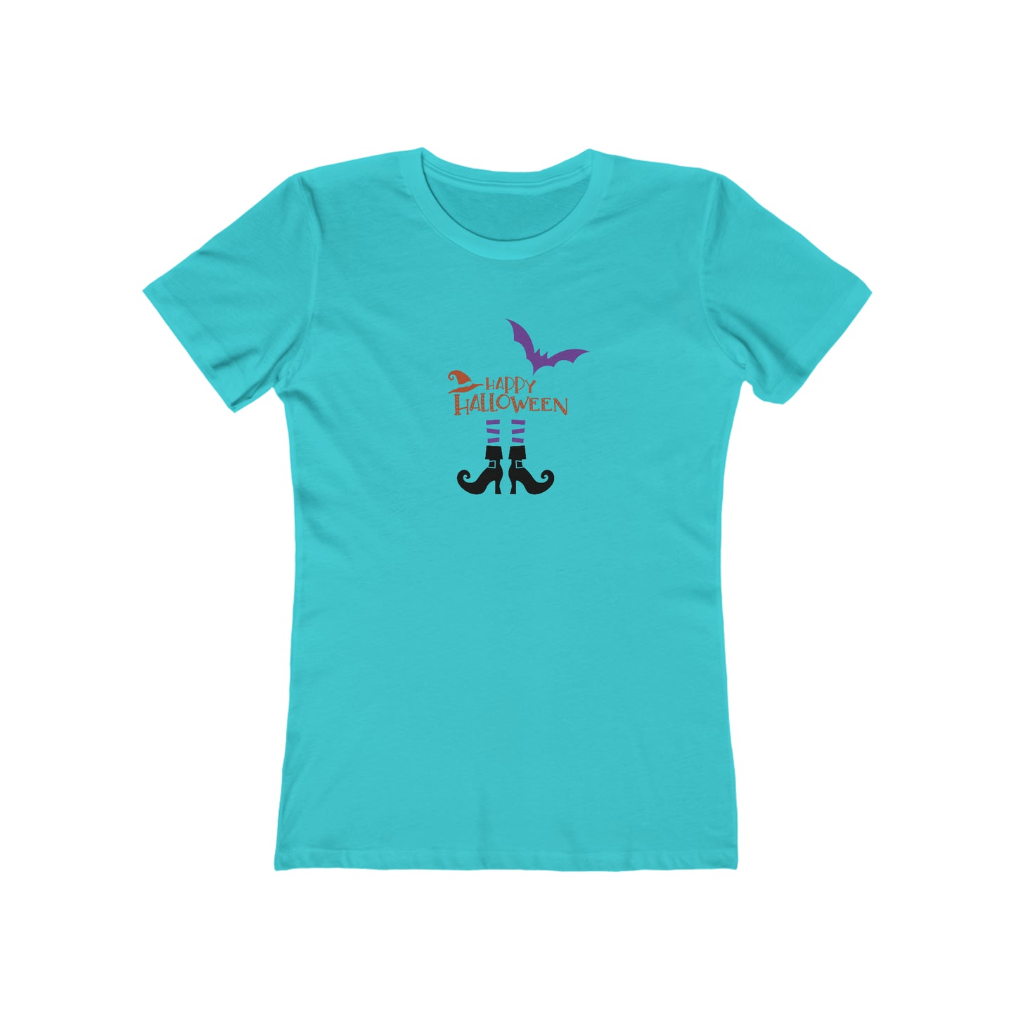 Halloween T shirt "Witchy Legs" graphic tee. Front side image. Blue color.
