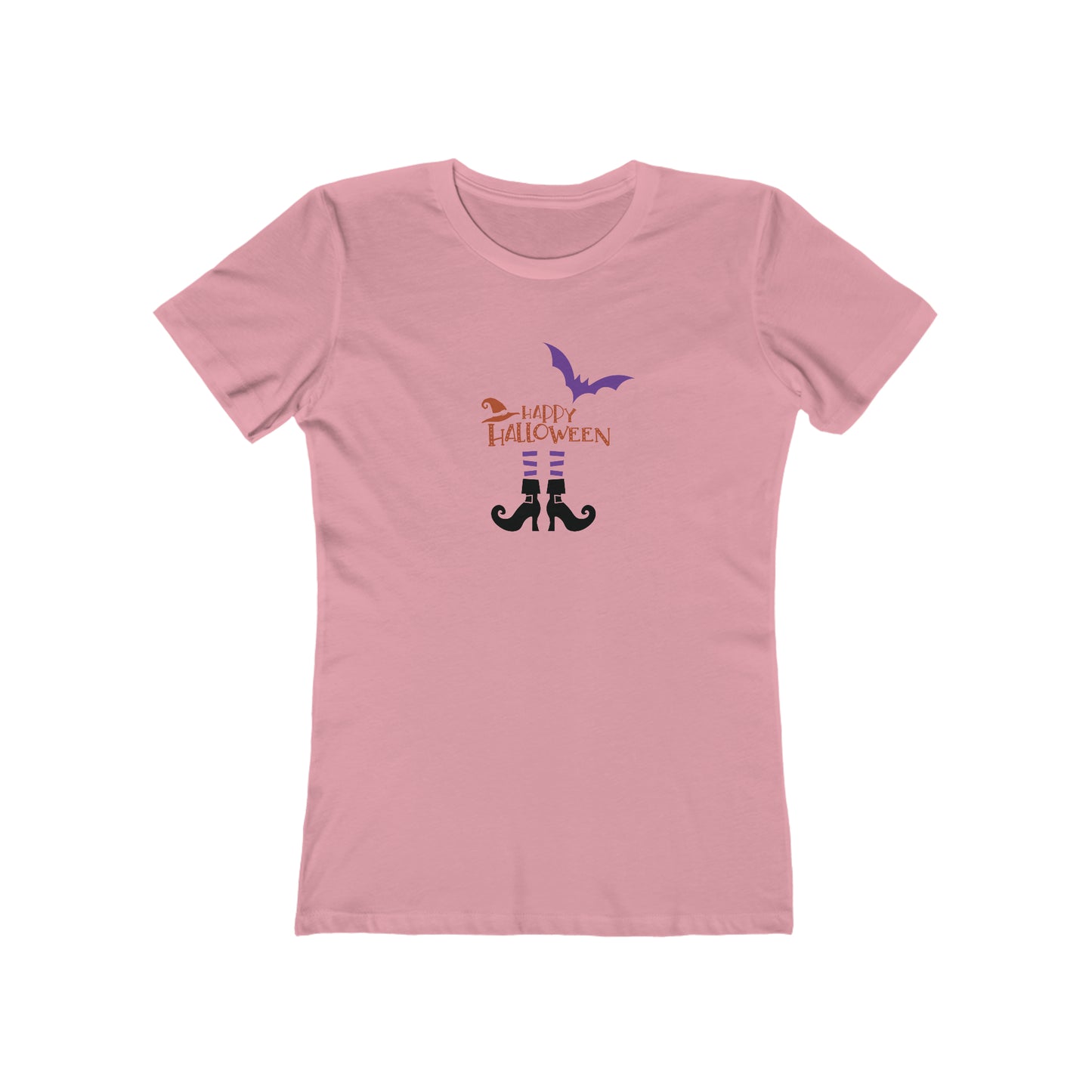 Halloween T shirt "Witchy Legs" graphic tee. Front side image. Pink color.