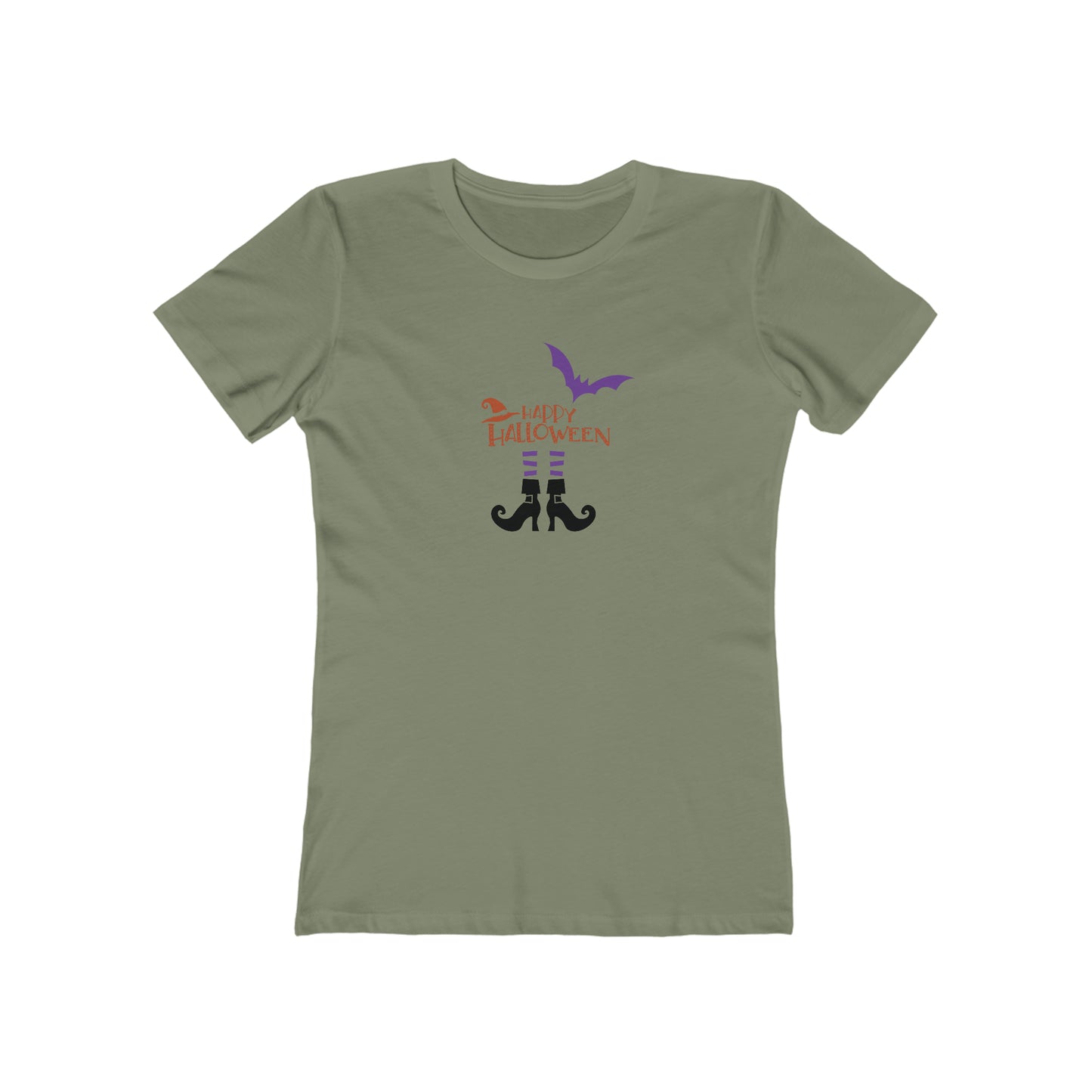 Halloween T shirt "Witchy Legs" graphic tee. Front side image. Military green color.