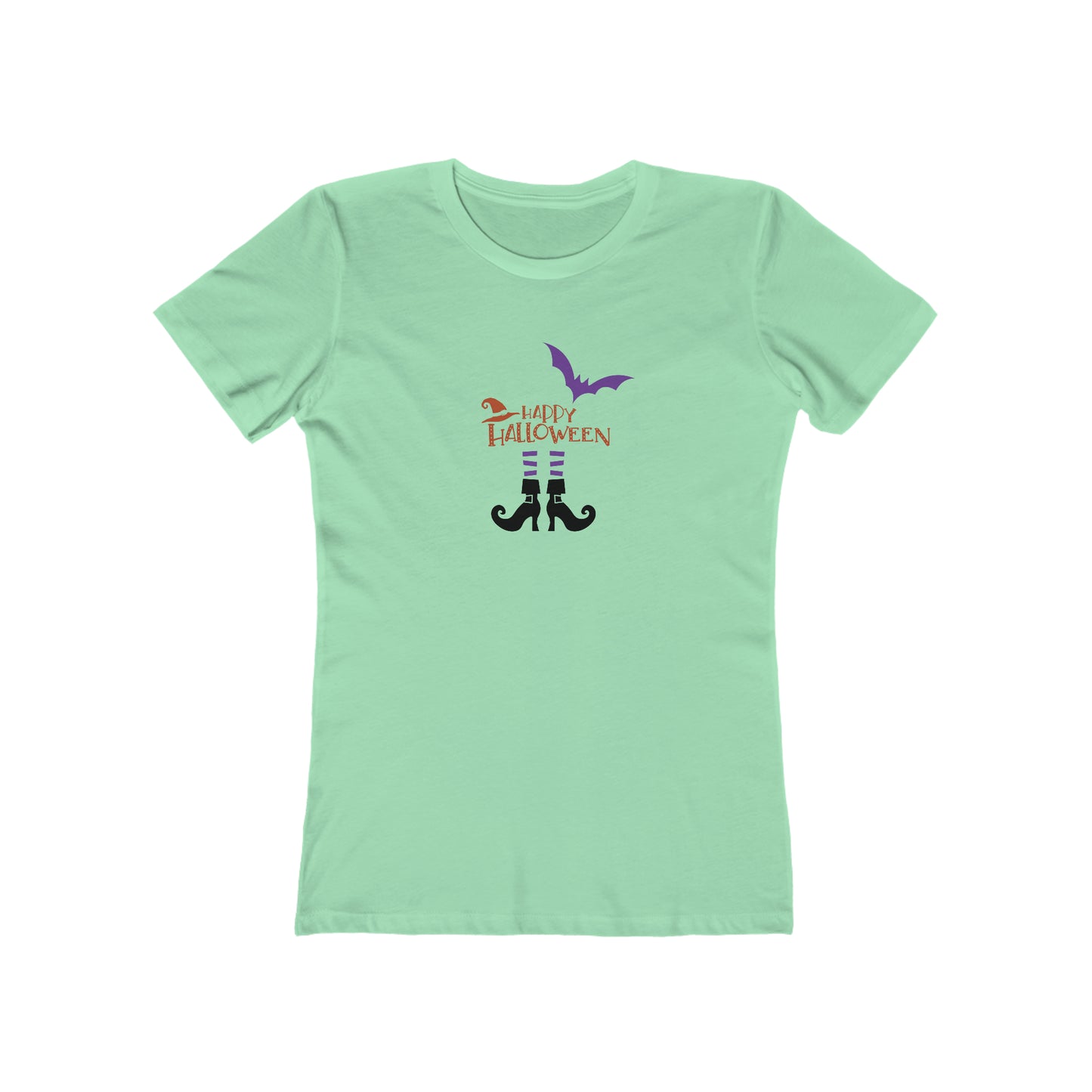 Halloween T shirt "Witchy Legs" graphic tee. Front side image. Mint green color.