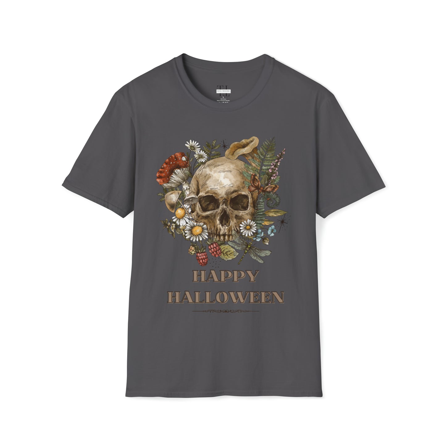 100% pure cotton Halloween shirt “Vintage Skull" front side image. Grey color.
