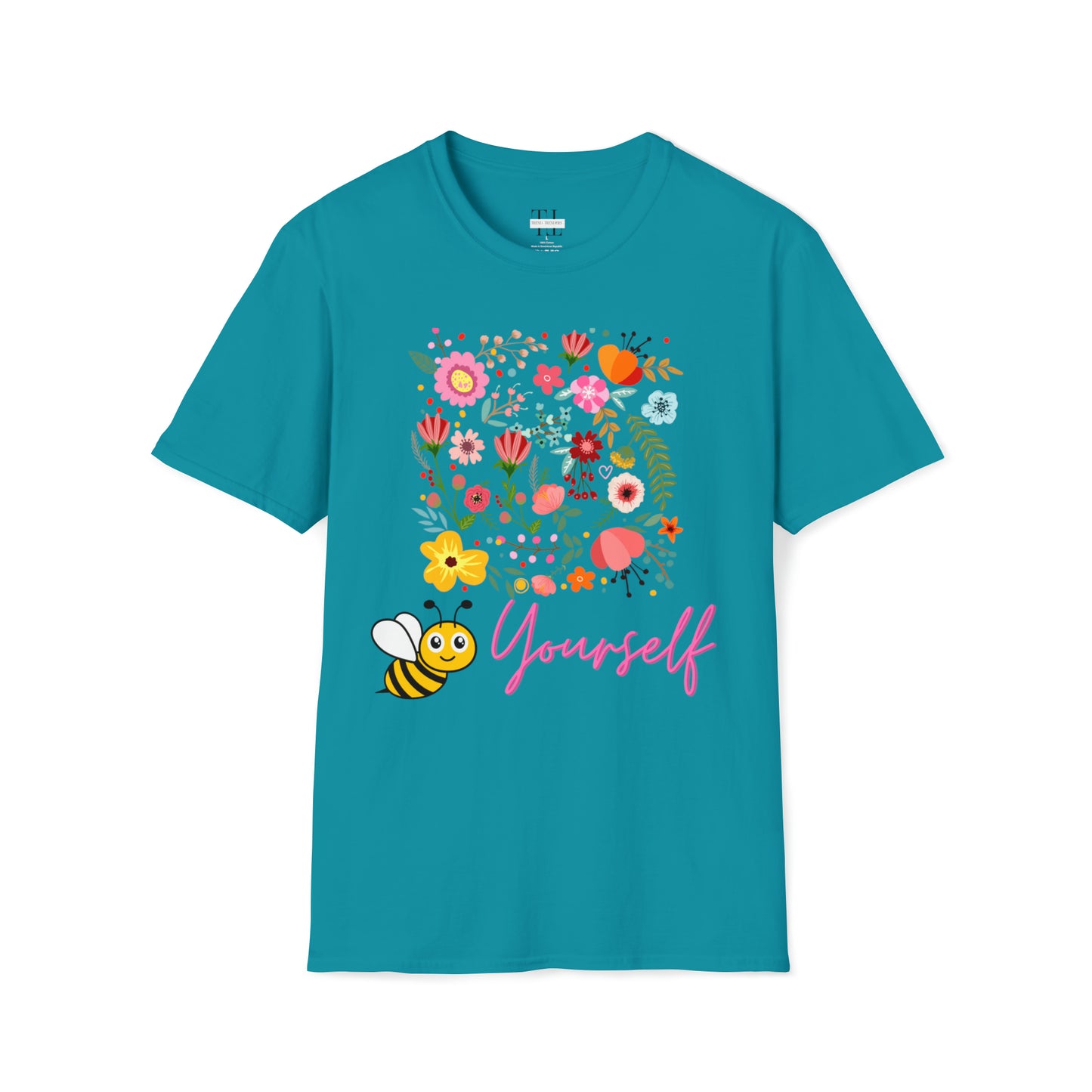 100% Cotton T shirt . Custom t shirt design of Bee Yourself, to inspire self-love and confidence. Front side image. Blue color tee shirt.