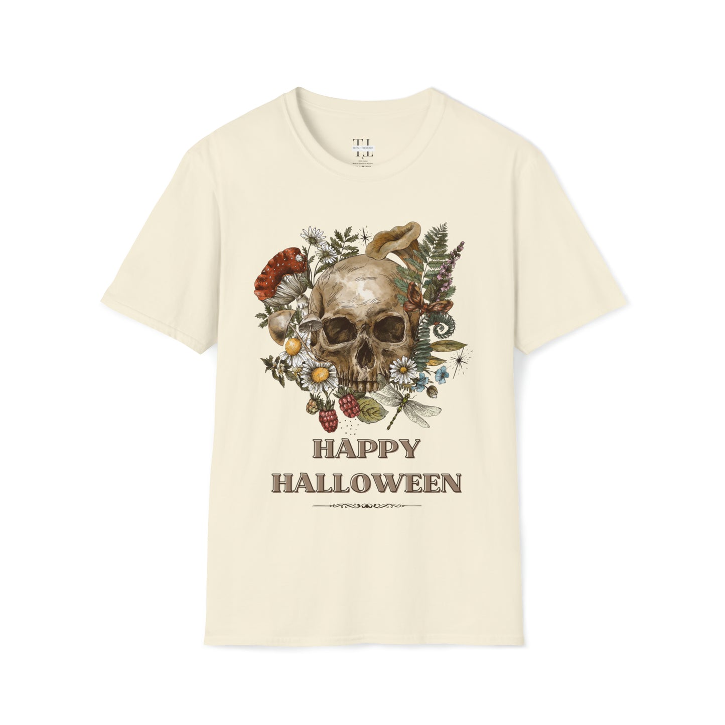 100% pure cotton Halloween shirt “Vintage Skull" front side image. Neutral color.