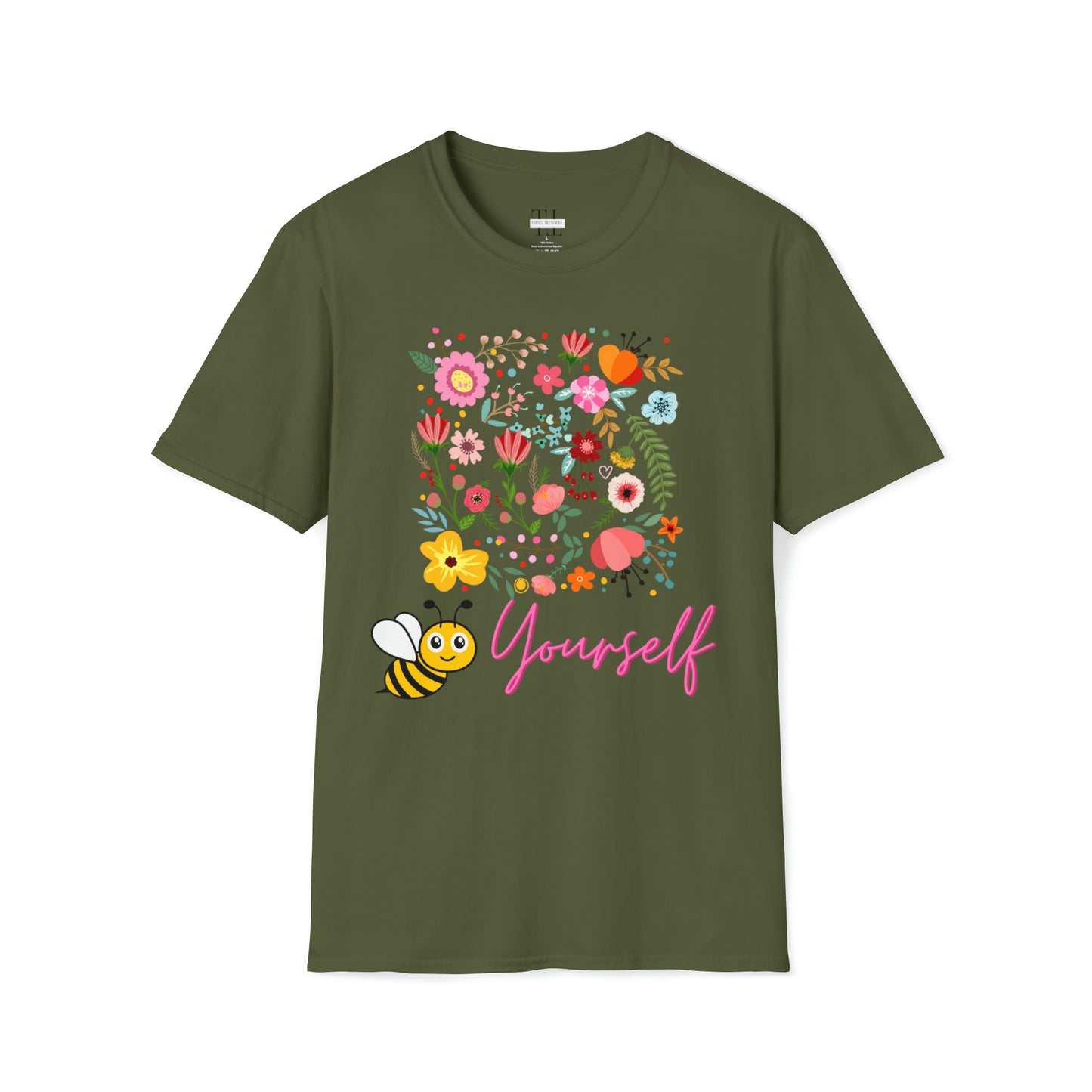 100% Cotton T shirt . Custom t shirt design of Bee Yourself, to inspire self-love and confidence. Front side image. Military green color tee shirt.