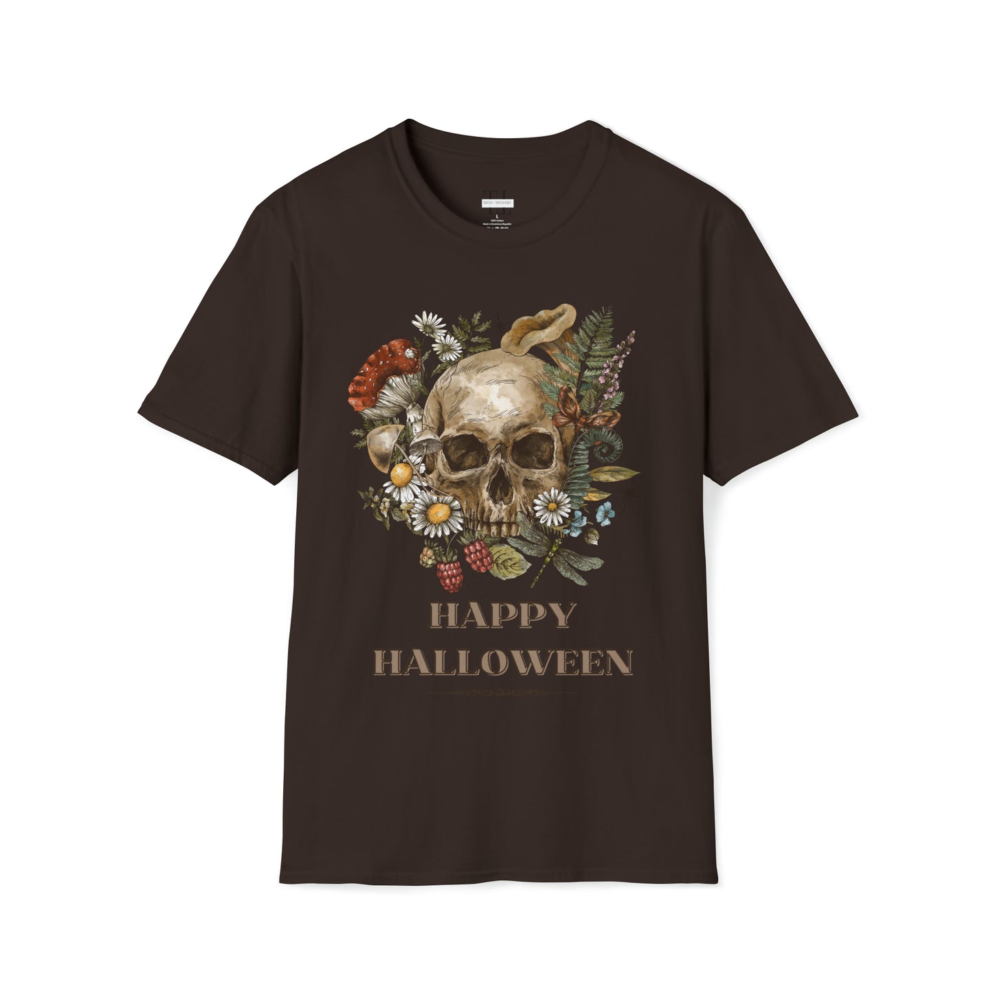 100% pure cotton Halloween shirt “Vintage Skull" front side image. Brown color.