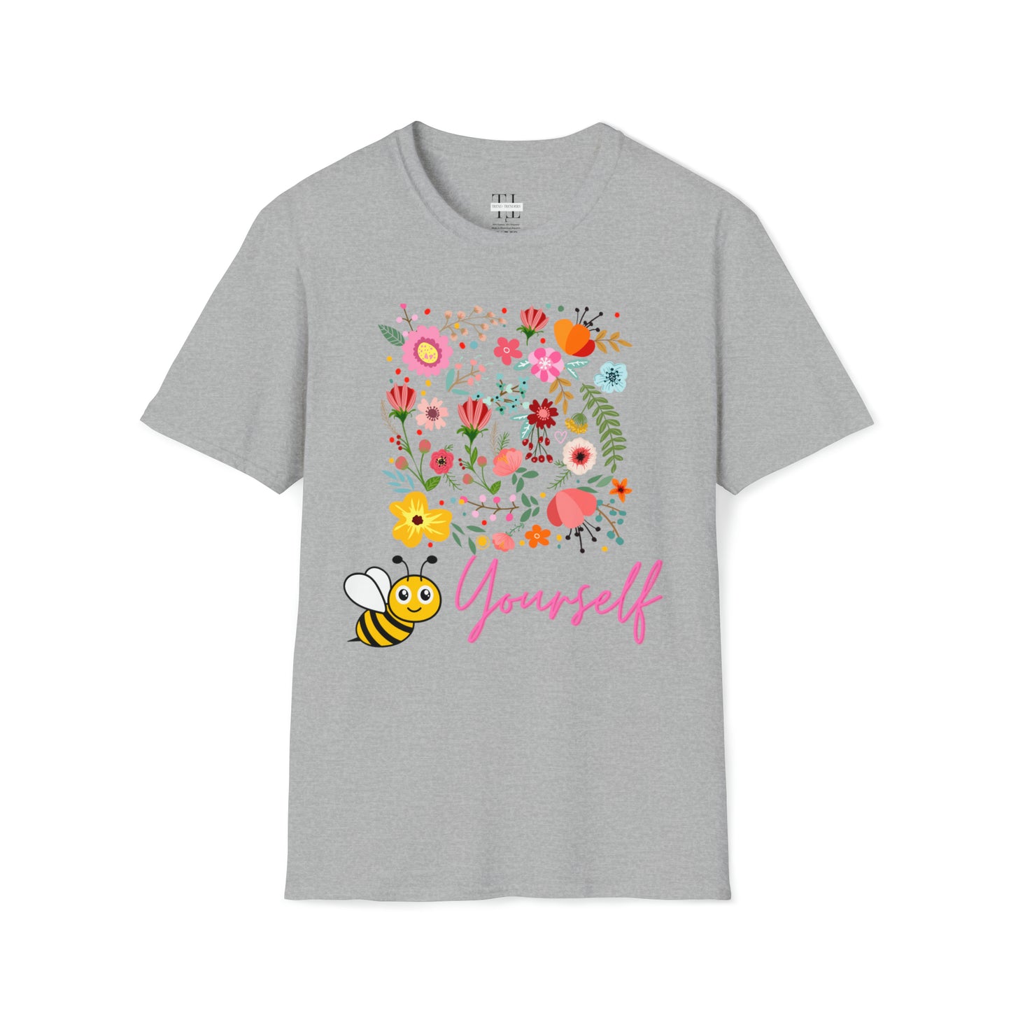 100% Cotton T shirt . Custom t shirt design of Bee Yourself, to inspire self-love and confidence. Front side image. Grey color tee shirt.