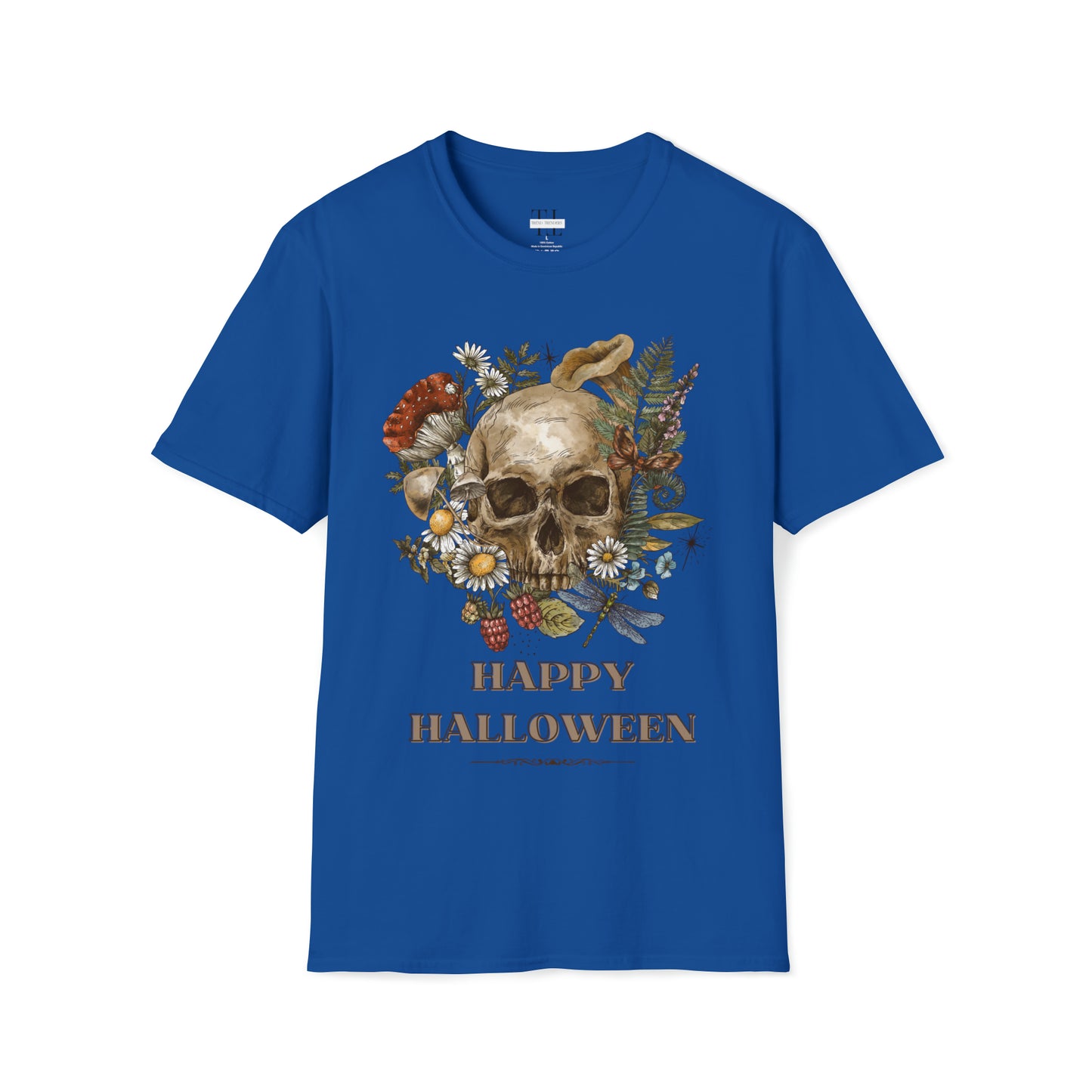 100% pure cotton Halloween shirt “Vintage Skull" front side image. Blue color.
