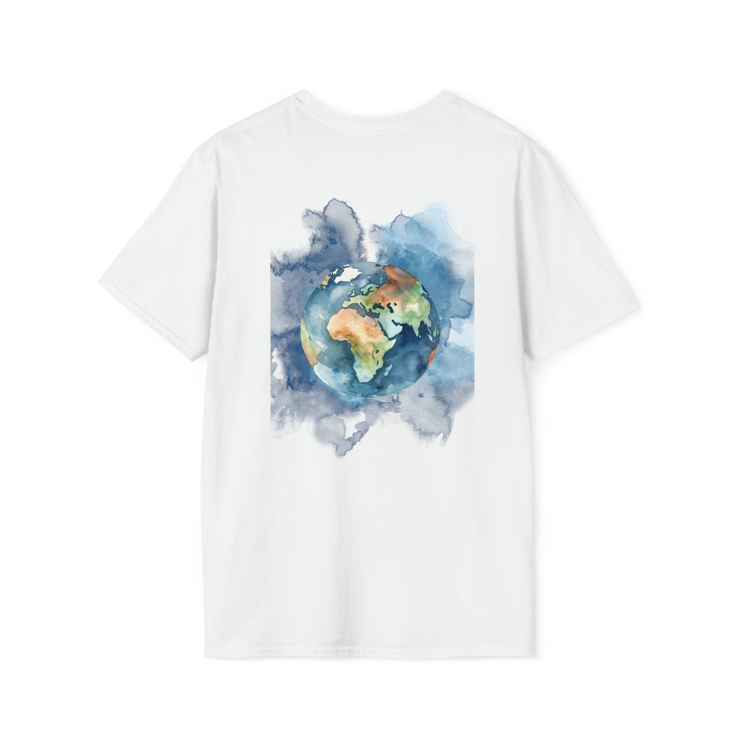 Custom T shirt- Acuarela world, image back side. Tee shirt in white color.