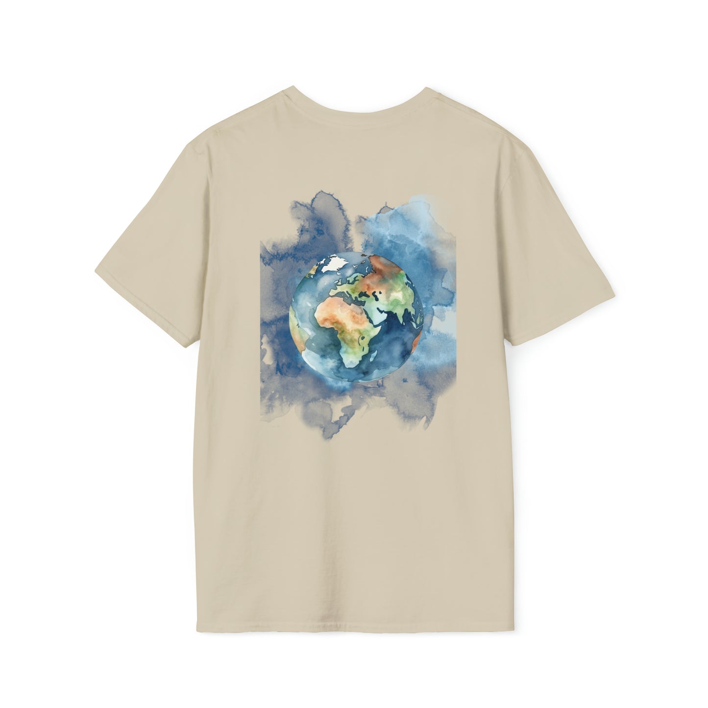 Custom T shirt- Acuarela world, image back side. Tee shirt in sand color.