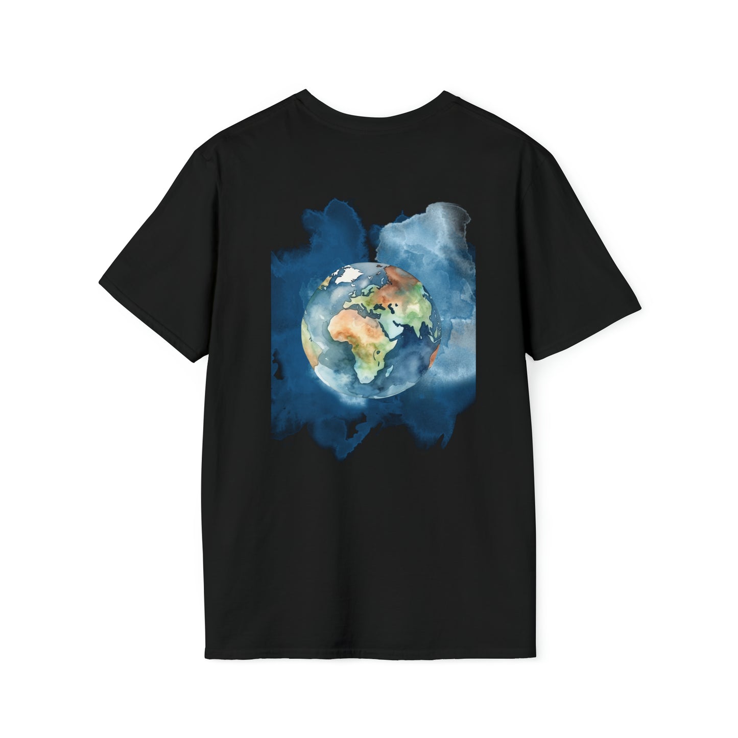 Custom T shirt- Acuarela world, image back side. Tee shirt in black color